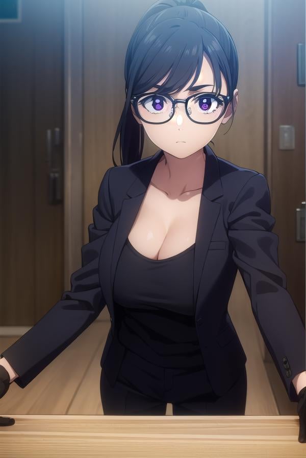 hizuruminakata, <lora:hizuru minakata s1-lora-nochekaiser:1>,hizuru minakata, long hair, black hair, glasses, (purple eyes:1.1), black-framed eyewear,BREAK ponytail, shirt, gloves, cleavage, collarbone, jacket, black gloves, pants, black jacket, black shirt, black pants, formal, suit,BREAK outdoors,BREAK looking at viewer,BREAK <lyco:GoodHands-beta2:1>, (masterpiece:1.2), best quality, high resolution, unity 8k wallpaper, (illustration:0.8), (beautiful detailed eyes:1.6), extremely detailed face, perfect lighting, extremely detailed CG, (perfect hands, perfect anatomy),