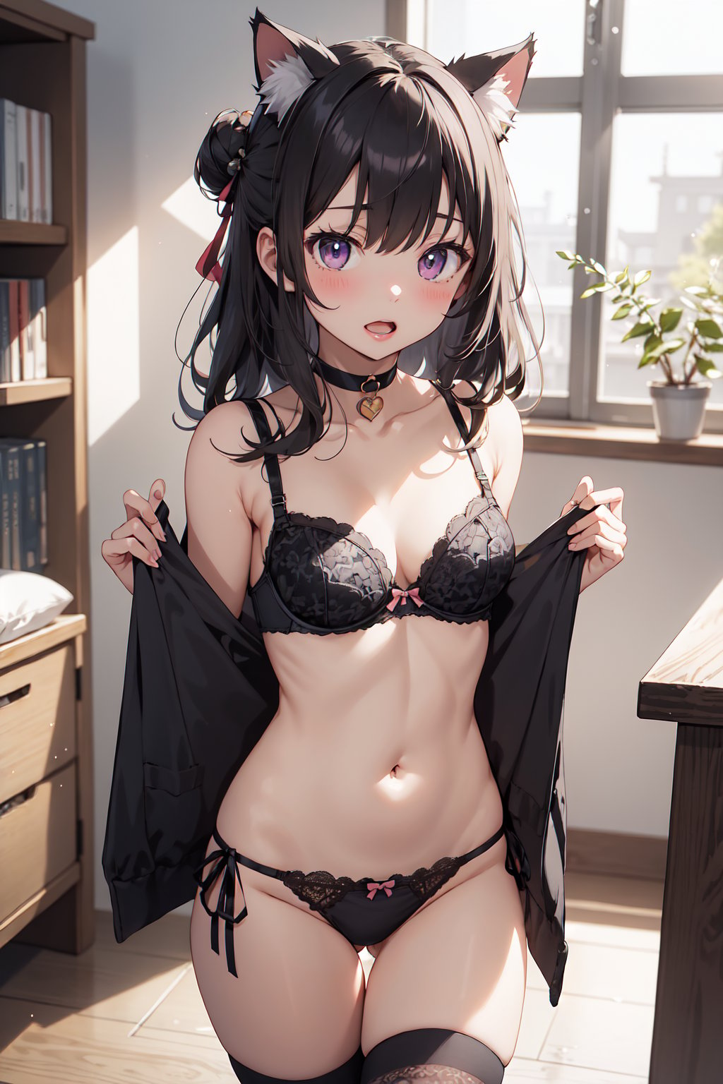 (masterpiece:1.3), (absurdres:1.3), (best quality:1.3), (ultra-detailed:1.3), 1girl, afternoon, gradient background, indoors, animal ears, ass visible through thighs, black bra, black panties, blush, bra, breasts, cat cutout, cat ear panties, cat ears, cat lingerie, choker, cleavage cutout, clothing cutout, frilled bra, frills, hair bun, long hair, looking at viewer, meme attire, navel, open mouth, panties, purple eyes, side-tie panties, side bun, small breasts, solo, thighhighs, tsushima yoshiko, underwear