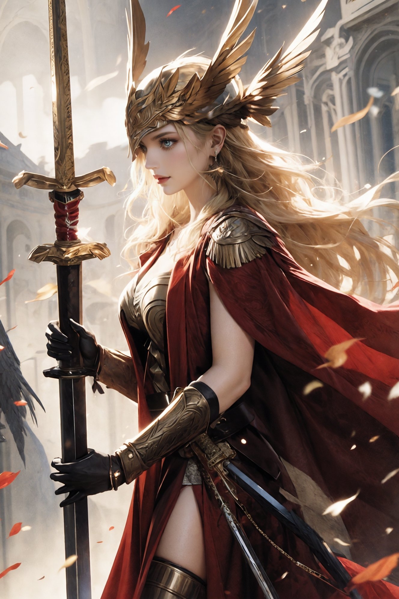 winged helmet，1girl，valkyrie，solo，long hair，blonde hair，jewelry，earrings，holding weapon，holding sword，<lora:绪儿-女武神 winged helmet:0.8>