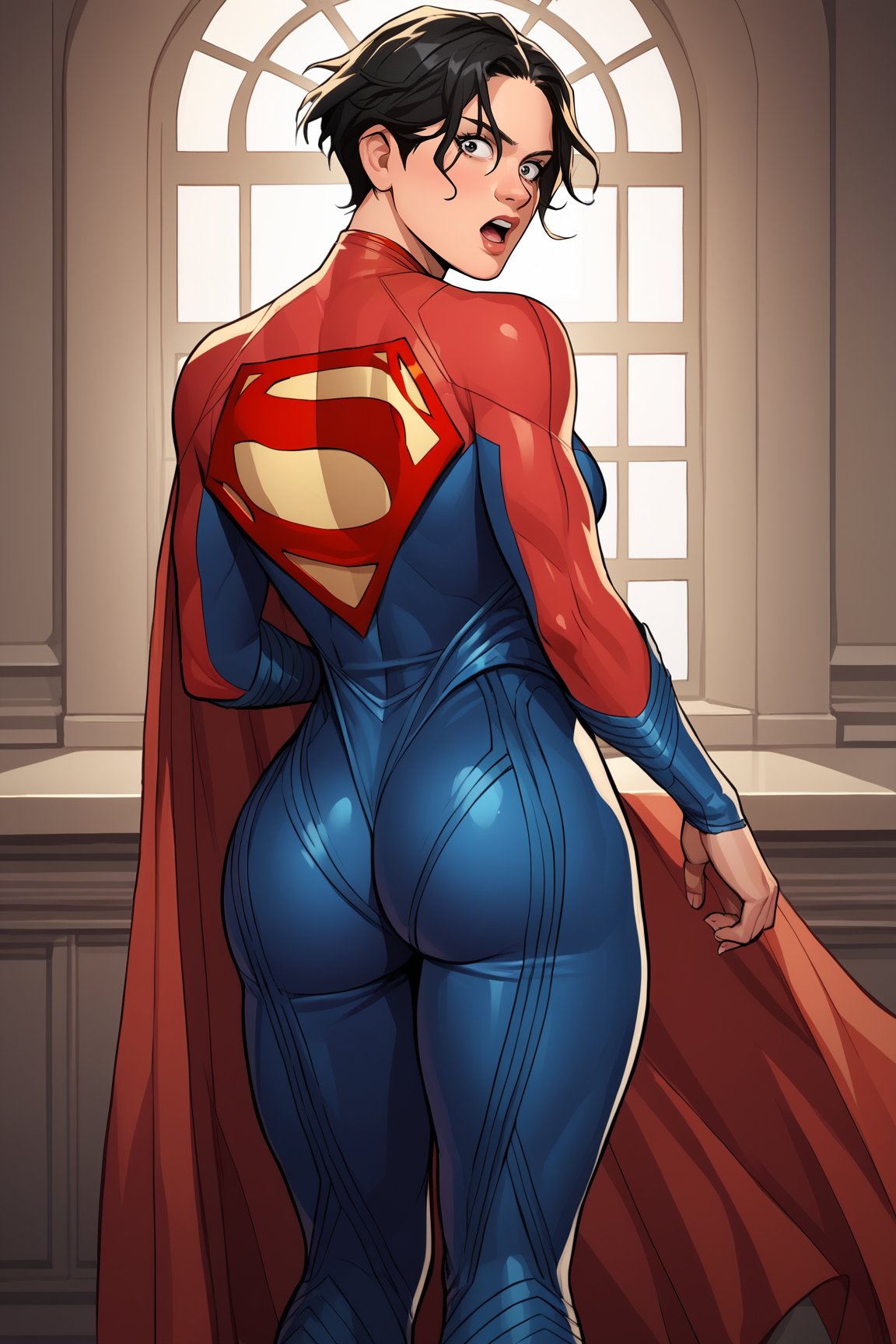 score_9, score_8_up, score_7_up, score_6_up, source_anime, BREAK, SupergirlTFXL, black eyes, black hair, short hair, curtain hair, medium breasts, superhero, red cape, bodysuit, red bodysuit, blue bodysuit, solo, standing, from behind, ass focus, big ass, ass, surprised, looking at viewer, indoors <lora:SupergirlTFXL:1>