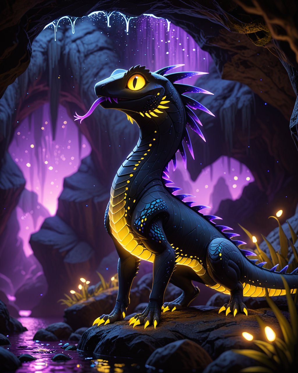 quadruped feral lizard \(rain world\), bioluminescence, short limbs, yellow eyes, big eyes, forked tongue, crystal creature, side view, (iguana:0.75), half-length portrait, BREAK, unreal engine, soft focus, purple light, yellow light, detailed background, foreground, depth of fieldto, ambient silhouette, backlighting, night, water, plant, glowing light, mushroom, cave, ambient firefly, starry