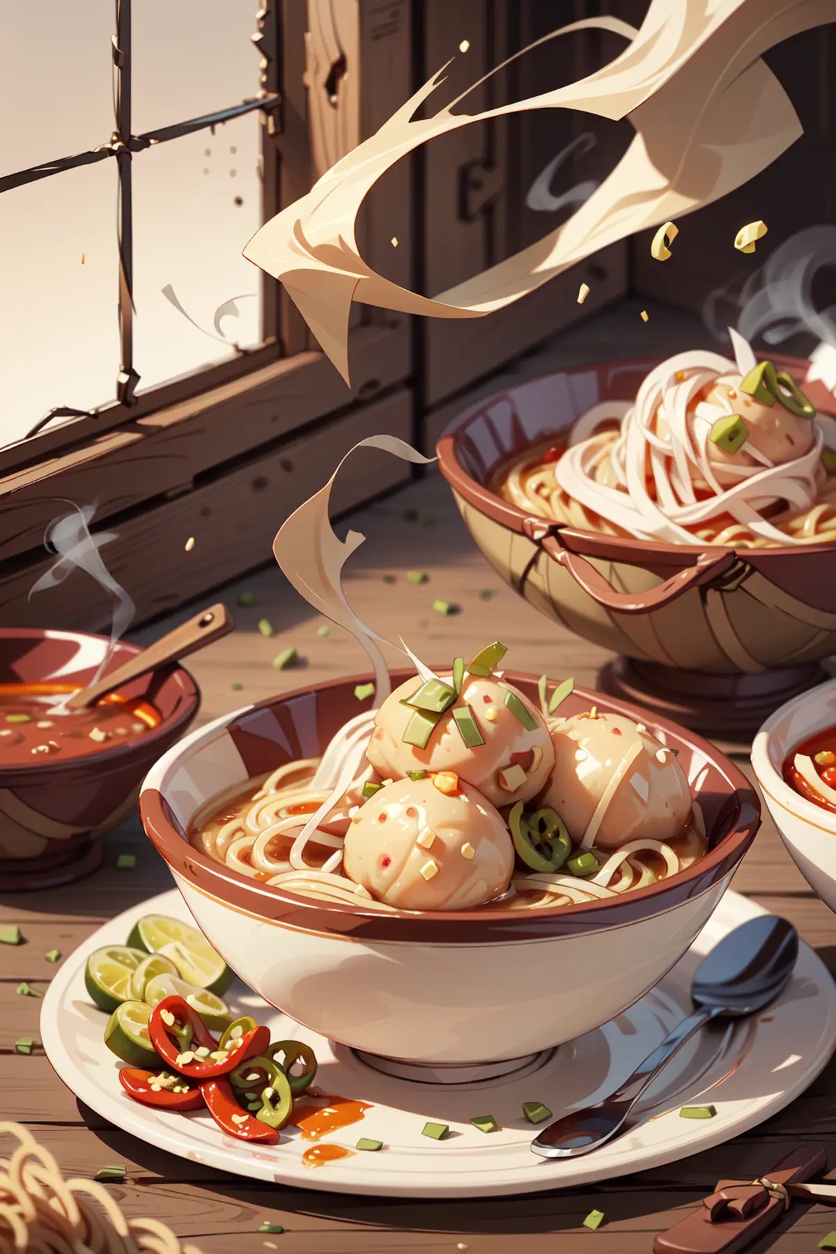 food, anime, illustration, line art, ghibli style, 1 bowl of bakso meatballs and noodles food with sambal chilli spicy on wooden table, hot steam, details, softfocus, realistic, blurry background,  