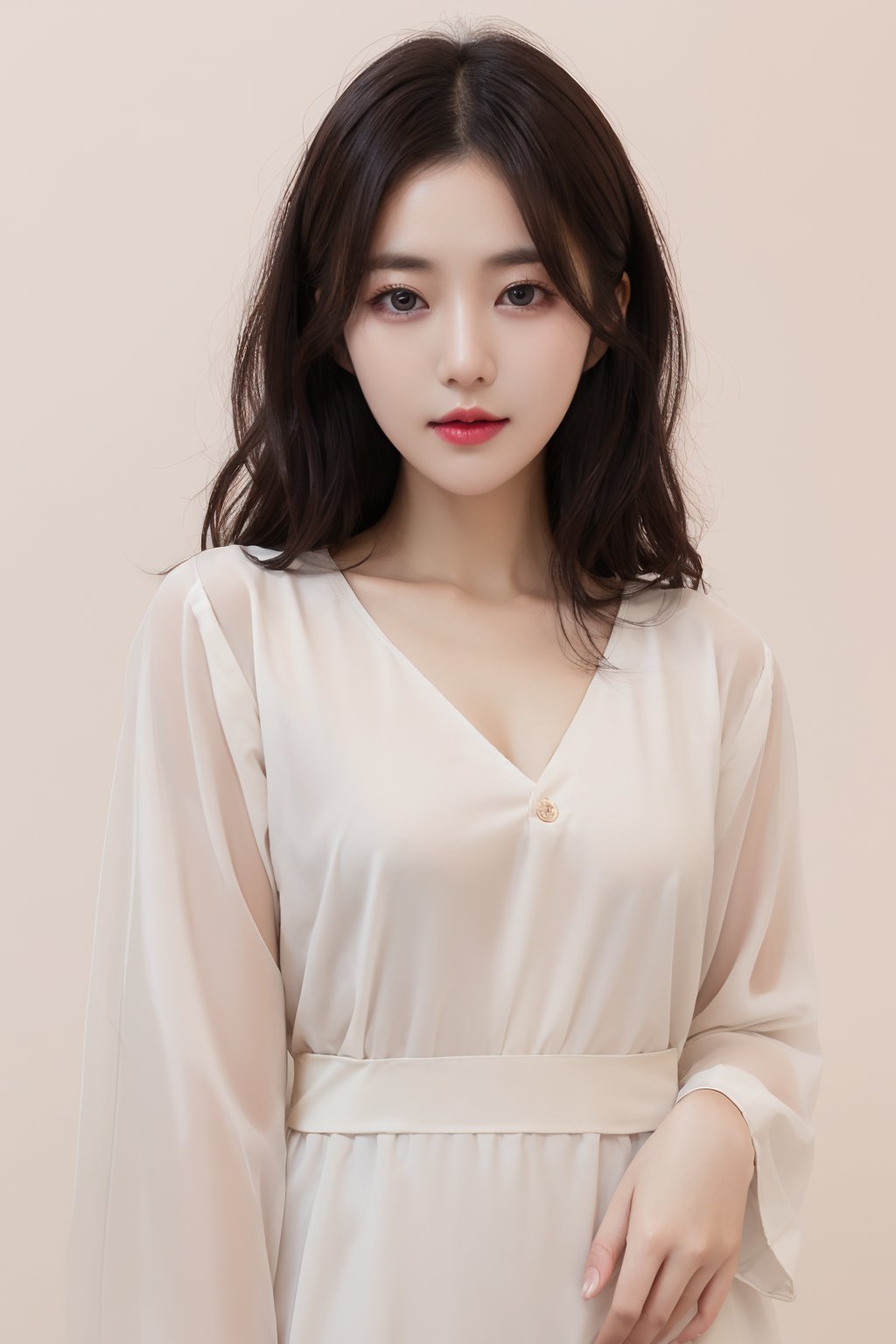 Korean fashion model with retro wavy oily hair, wearing fashionable design clothes, Korean girl looking frontally at the camera, without makeup highlighting the texture and pores of facial skin, full color picture, off-white solid color background<lora:画皮001:1>,