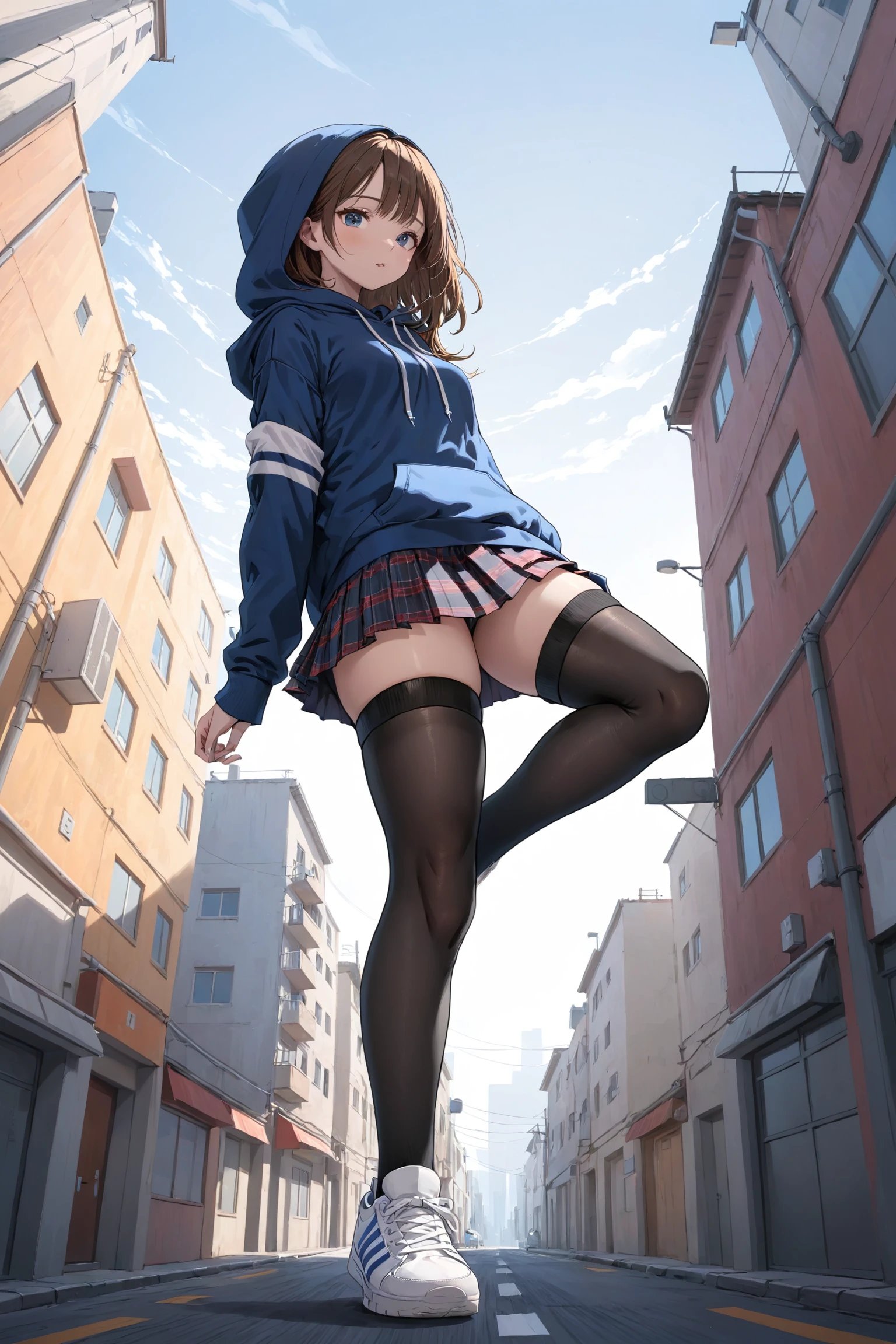 illustration, girl, hoodie, skirt, thigh-highs, sneaker, from below, looking down, street, scenery, cityscape