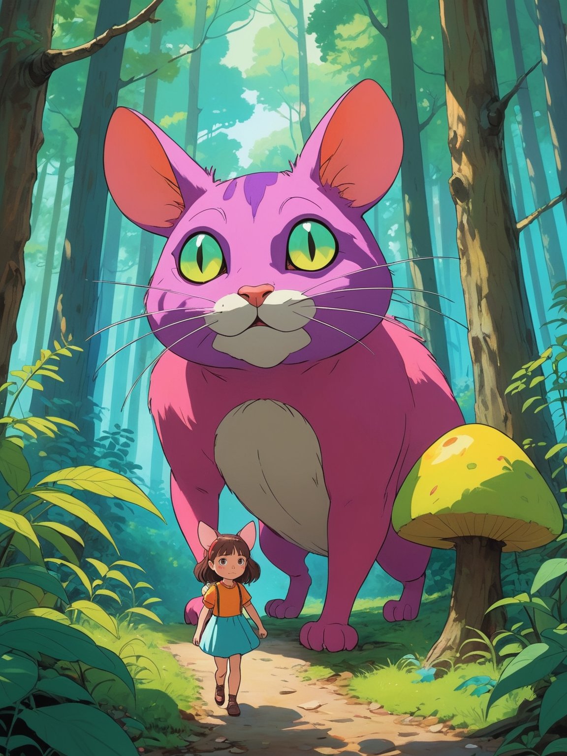 studio ghibli style, a giant colorful ferrocious and scary cat/mouse hybrid exploring the forest with a little girl 