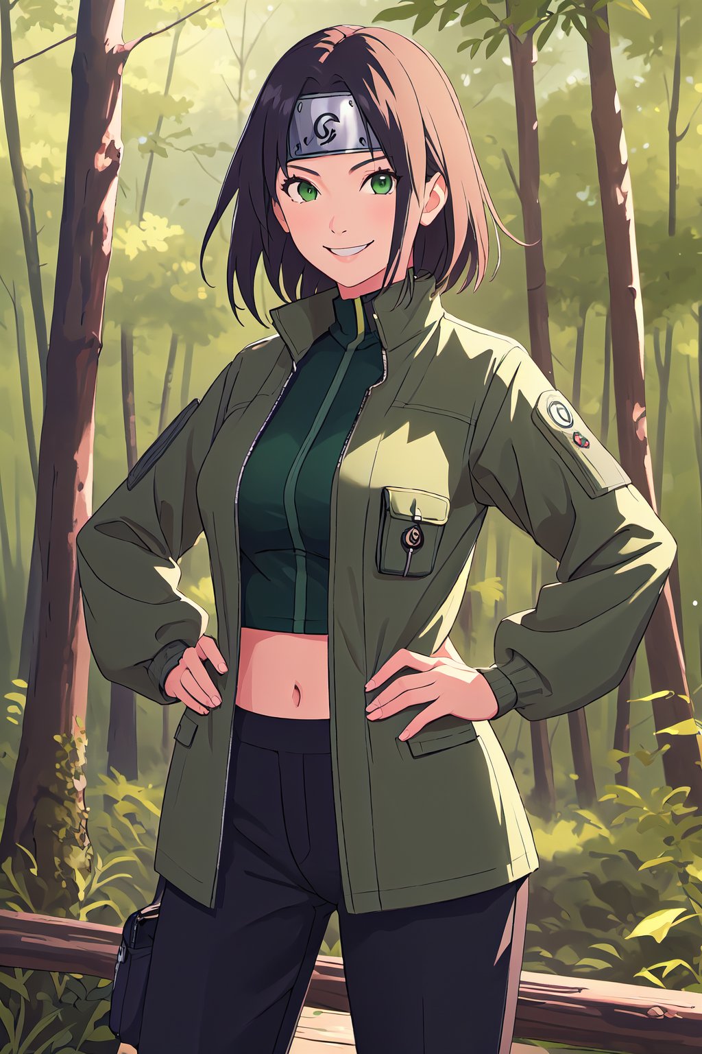 <lora:KishimotoStyle_1-step00002900:0.7> , solo, 1girl, forehead protector, cowboy shot, forest background, looking at viewer, pants, black pants, long sleeves, smile, green vest, headband, black headband, konohagakure symbol, hands on hips, shirt, flak green jacket, black shirt, large breasts