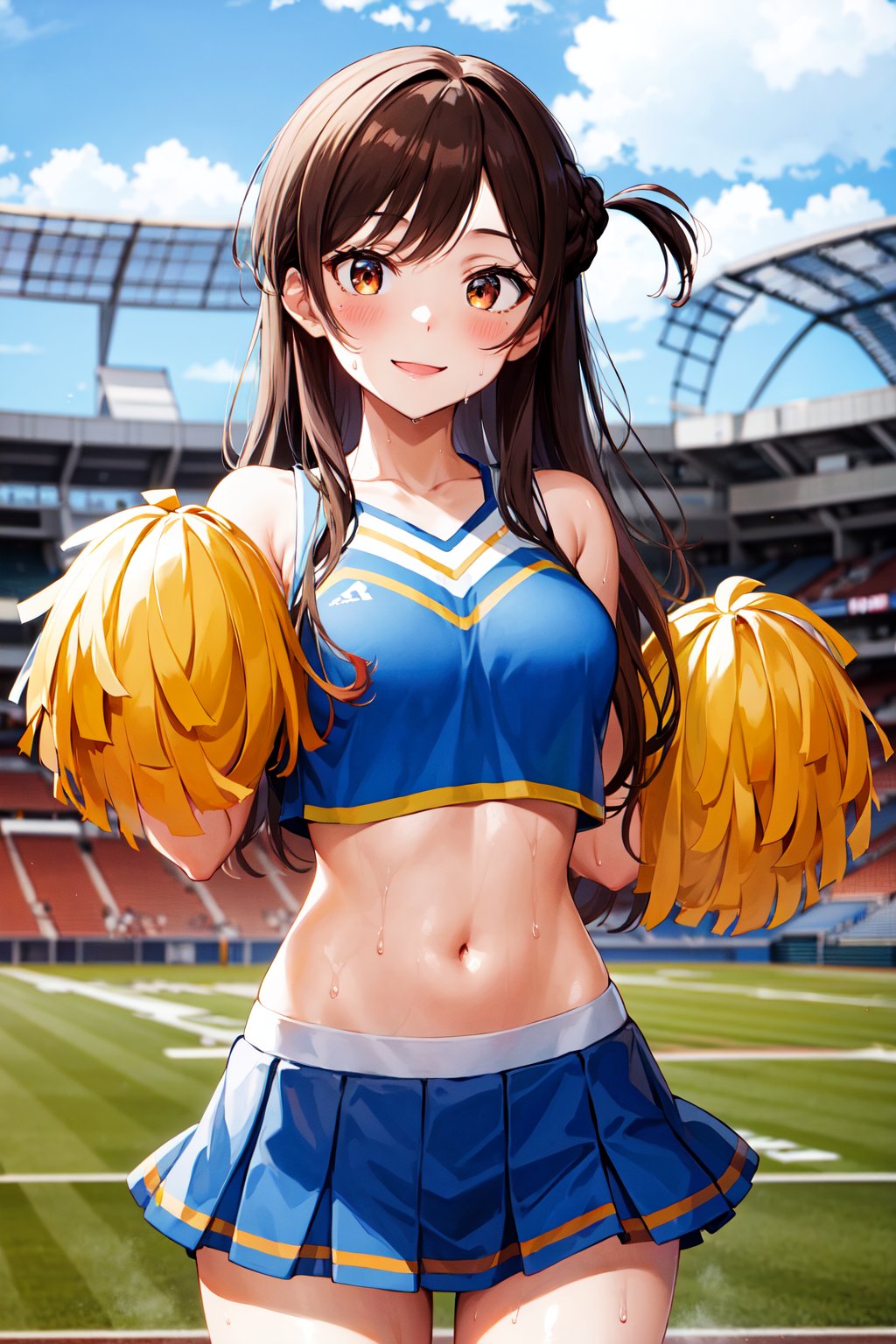 masterpiece, best quality, highres, aachizuru, long hair, one side up,  <lora:mizuhara_chizuru_v2:0.7>, cheerleader, crop top, pom pom (cheerleading), sweat, smile, stadium,