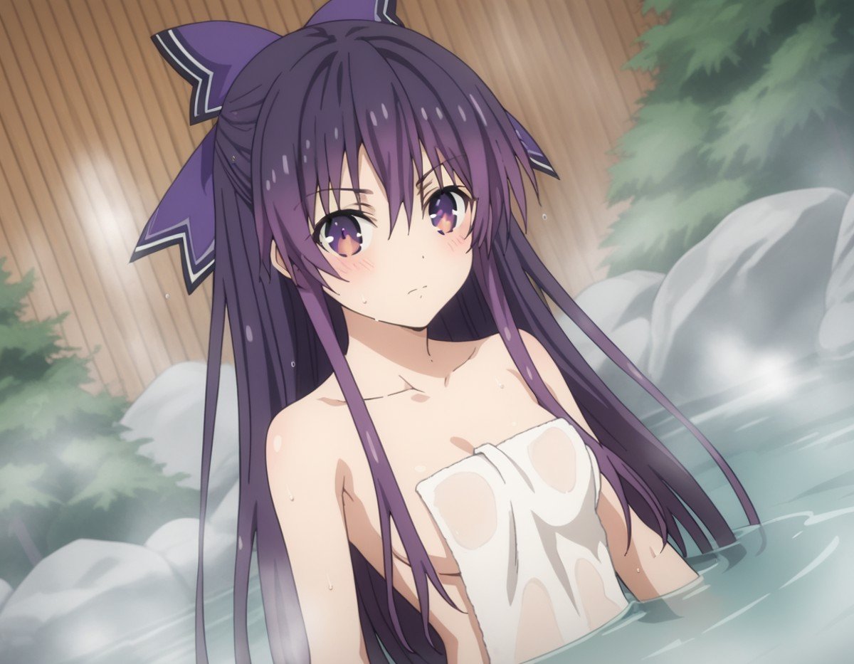 score_9, score_8_up, score_7_up, source_anime,tookayatogami, <lora:tooka-yatogami-s4s5-ponyxl-lora-nochekaiser:1>,tooka yatogami, hair ribbon, purple eyes, purple hair, long hair, ribbon,nude, naked, outdoors, onsen, towel, naked towel, steam, bathing, nude cover, partially submerged, water, bath, steam censor, wet towel, blush,looking at viewer, solo, cowboy shot, dutch angle,