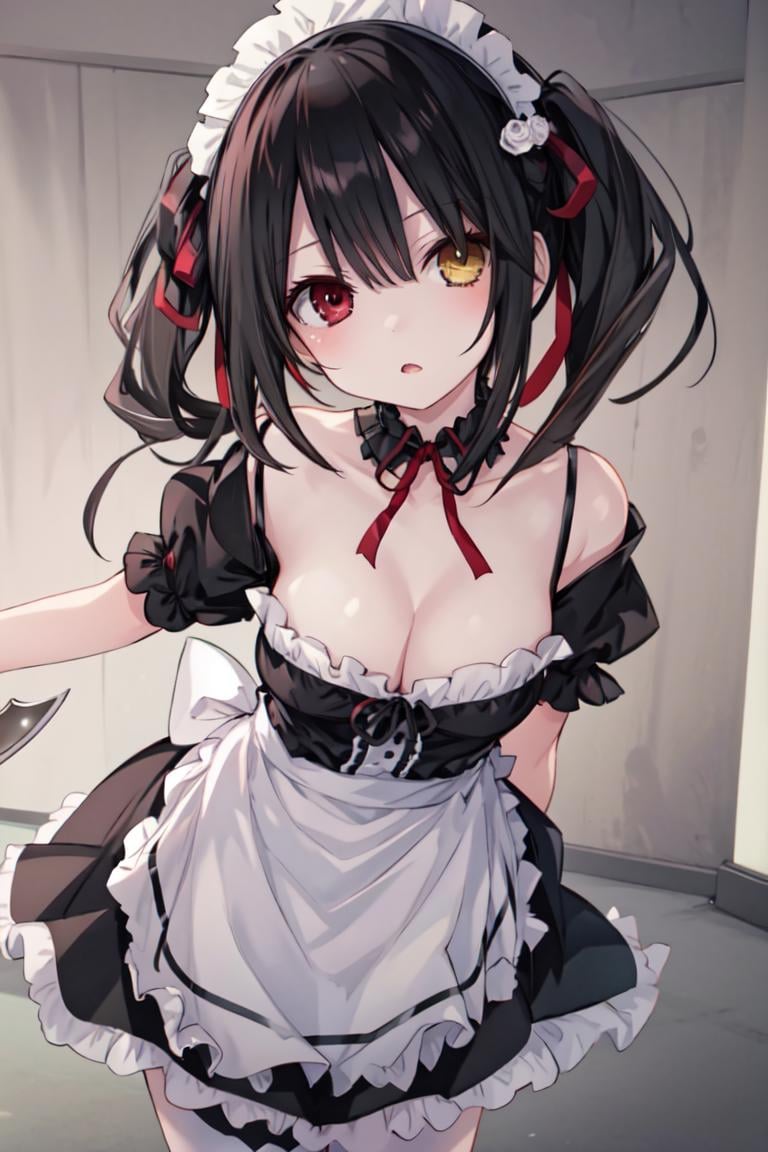 1girl, solo, cowboy shot, bent over, leaning forward, <lora:aki:0.8>,  tokisaki kurumi, black hair,  heterochromia, long hair, low twintails, twintails, medium breasts, cleavage, red ribbon, hair ornament, maid headdress, maid apron, bare shoulders, detached sleeves, frills, looking at viewer, head tilt, indoors, hallway, <lyco:glaringV_Conv2D:1.0>, glaring, angry,, weird atmosphere, (best quality:1.1), (masterpiece:1.2), high quality shadow, beautiful detailed, (high detailed skin, skin details), (wide_landscape, 8k), beautiful face, detailed eyes, depth of field, dramatic light, best quality, highres, best shadow, best illumination,