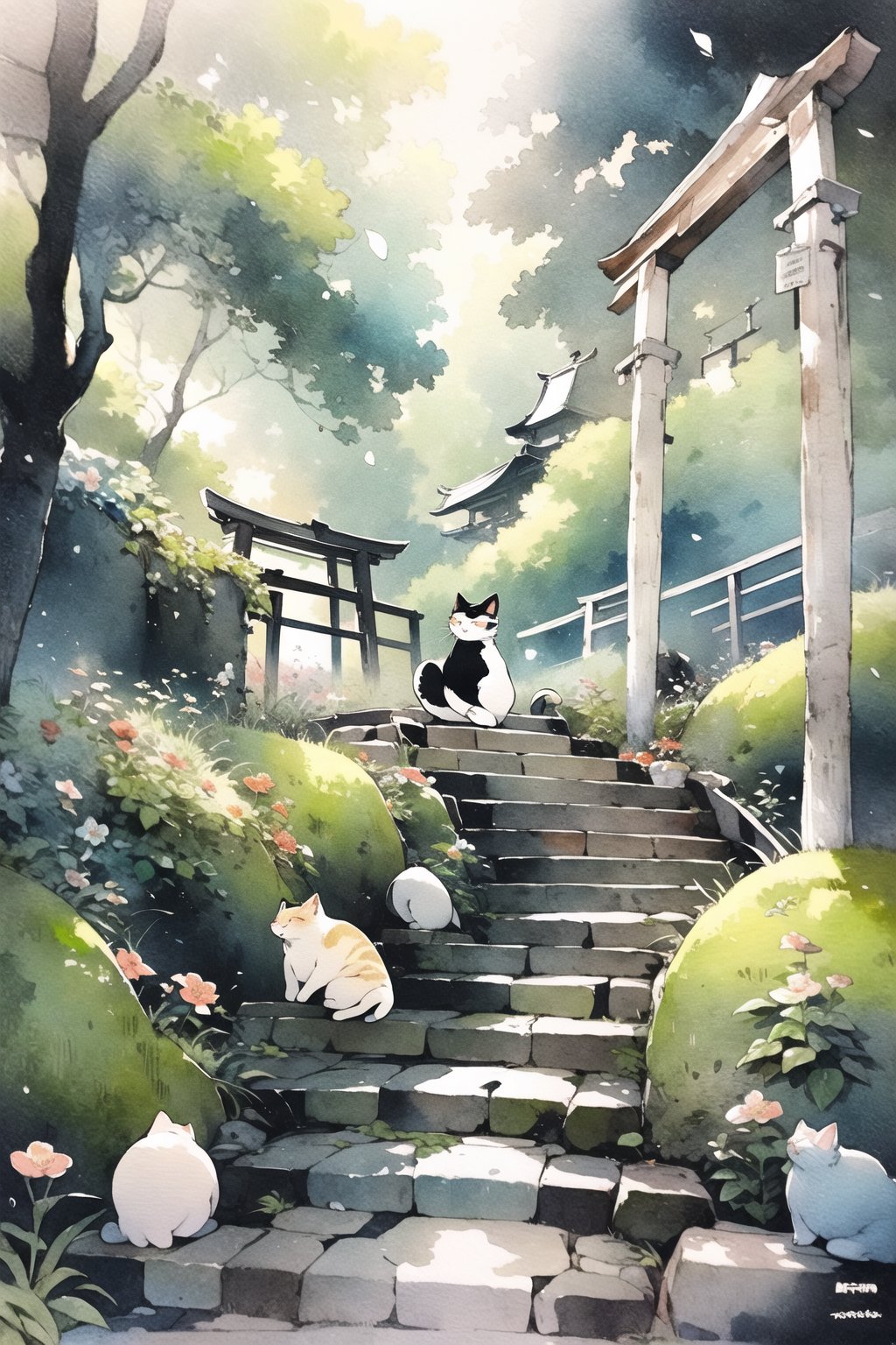 torii,no humans,cat,outdoors,stairs,plant,grass,flower,tree,watercolor \(medium\),