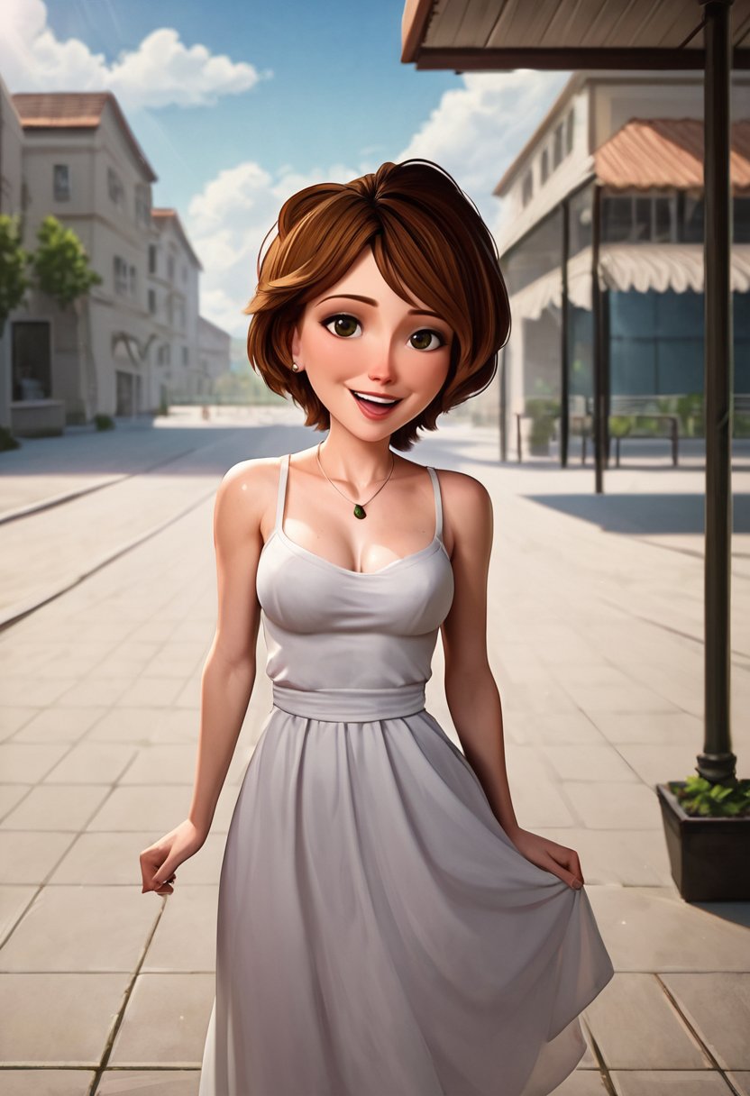 score_9, score_8_up, score_7_up,source_anime,anime coloring,perfect anatomy,cinematic_shadow,BREAK <lora:cass:1>cass,1girl, solo, brown hair, dress, short hair, open mouth, smile, looking at viewer,outdoors,