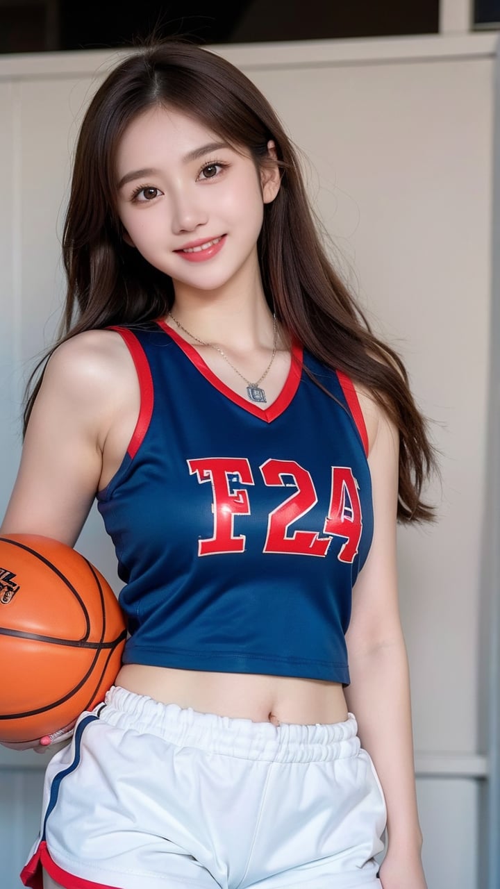 <lora:meinv215:0.8>,1girl,basketball,solo,realistic,long hair,brown hair,smile,looking at viewer,necklace,ball,shorts,sportswear,holding ball,midriff,jewelry,white shorts,brown eyes,crop top,