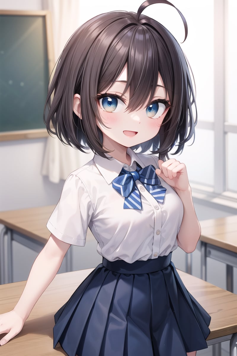 insanely detailed, absurdres, ultra-highres, ultra-detailed, best quality,1girl, solo, nice hands, perfect handsBREAKsummer school uniform, (plain dark blue skirt with many pleats:1.4), (striped indigo blue bowtie:1.3), short sleeves, white shirt, shirt with white buttonBREAK(nsfw:-1.5)BREAKhappy smile, laugh, open mouthBREAKstanding, cowboy shot, looking at viewerBREAKslender, kawaii, perfect symmetrical face, ultra cute girl, ultra cute face, ultra detailed eyes, ultra detailed hair, ultra cute, ultra beautifulBREAKclassroom, depth of field, ultra detailed backgroundBREAKmedium large breastsBREAK, (ahoge:1.2), (short bob cut, hair between eyes, black dark_brown hair), black dark_brown eyes