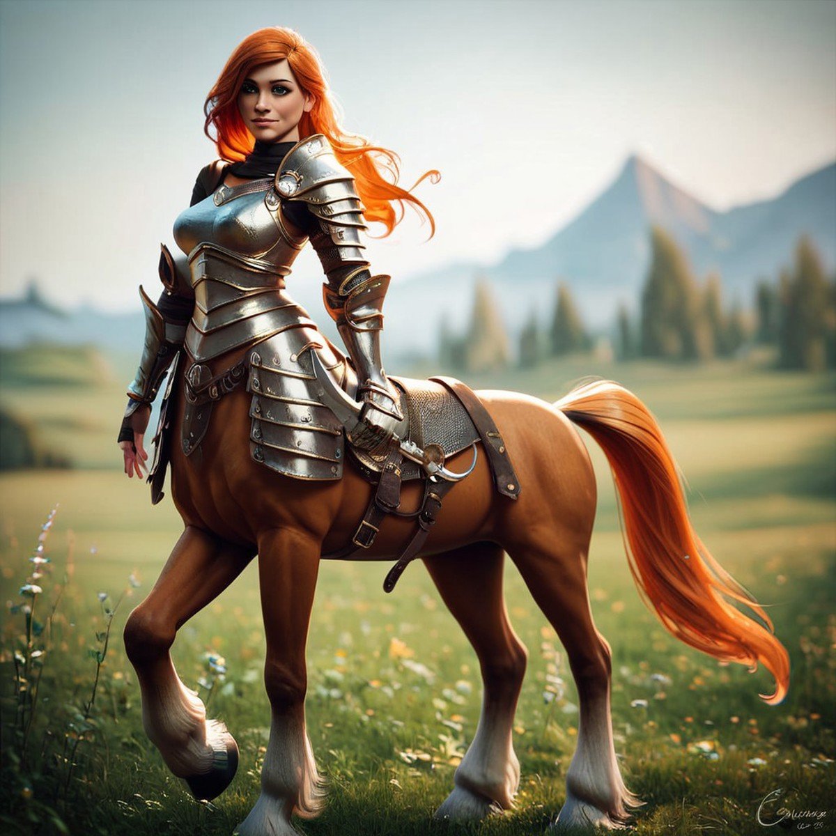 (((beautiful, high quality))), full Body, score_9, score_8_up, score_7_up, Сentaur, Centaur horse, 1girl, green eyes, ginger hair, armor, ginger horse,looking at the viewer, posing, blurred background,