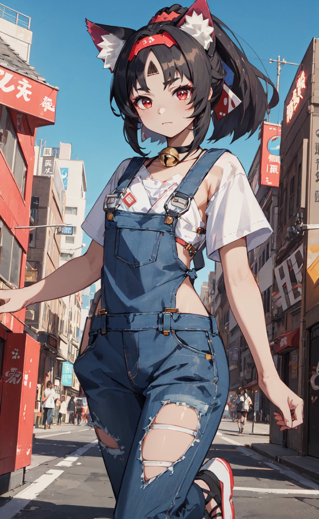 <lora:Nekomiya-000020:0.8>,Nekomiya CYQL,1girl,looking at viewer,solo,animal ears,black hair,red eyes,cat ears,bell,facial mark,cat girl,hairband,animal ear fluff,ponytail,(Striped_tee:1.5),(Denim_overalls:1.4),(White_sneakers:1.3),(Urban_park_background:1.3),naughty_face,cowboy_shot,Play structures, Ball pit, Climbing wall, Arcade games, Party area,beautiful detailed sky,beautiful detailed glow,posing in front of a colorful and dynamic background,masterpiece,best quality,beautiful and aesthetic,contrapposto,female focus,wallpaper,