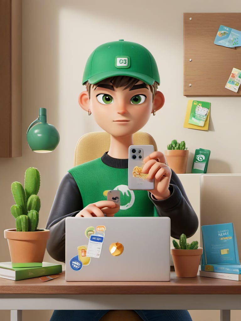 breathtaking 1boy, baseball cap with “MONKREN”, , card, cellphone, clock, computer, food, green eyes, hat, laptop, male focus, phone, smartphone, solo, wall clock, <lora:C4D-000009:0.8> . award-winning, professional, highly detailed