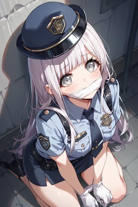 score_9, score_8_up, score_7_up, score_6_up, 1girl,<lora:Izumo_Saki:0.9> saki, long hair, grey eyes, police uniform, white gloves, short sleeves, black skirt, kneeling, hands tied, mouth taped, look at viewer, high angle,