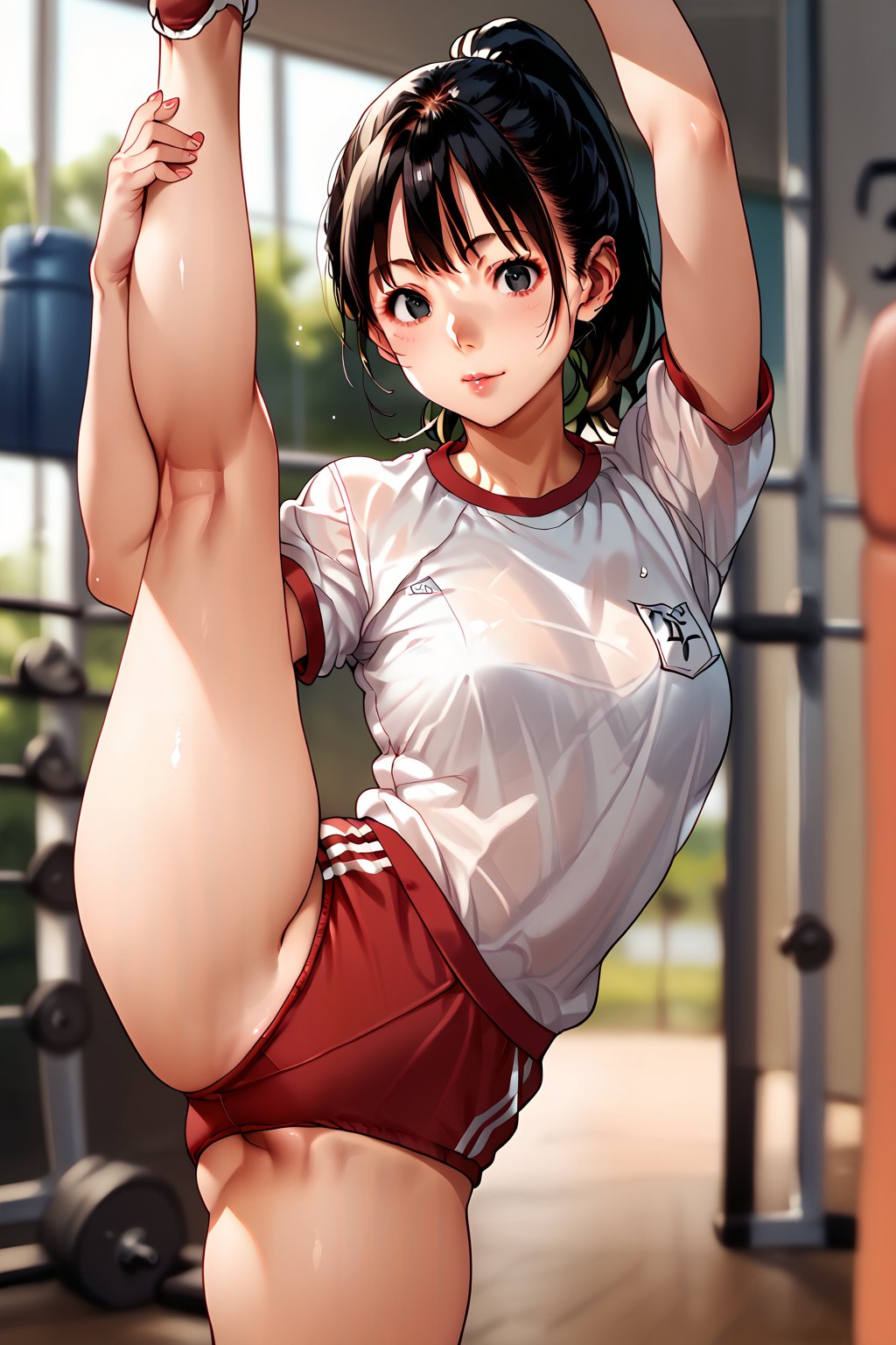 score_9, score_8_up, score_7_up, score_6_up, score_5_up, score_4_up, source_anime, ((cowboy shot)), tokiyama sui, 1girl, solo, ponytail, gym uniform, gym, standing split, looking at viewermasterpiece, perfect face, best quality, beautiful girl, blurry background, cute girl, beautiful eyes, shiny eyes, perfect body, <lora:tokiyama sui anime pony 726:1>