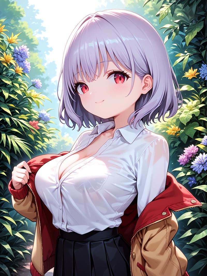 score_anime, score_9, score_8_up, score_7_up, masterpiece, beautiful scenery, floral background,<lora:BorschtP:1> BorschtP, 1girl, solo, (upper body:1.3), ssss.gridman, shinjou akane, large breasts, :d, black skirt, breasts, collared shirt, dress shirt, hair between eyes, jacket, long sleeves, off shoulder, open clothes, open jacket, pleated skirt, purple hair, red eyes, shirt, short hair, skirt, smile, white shirt