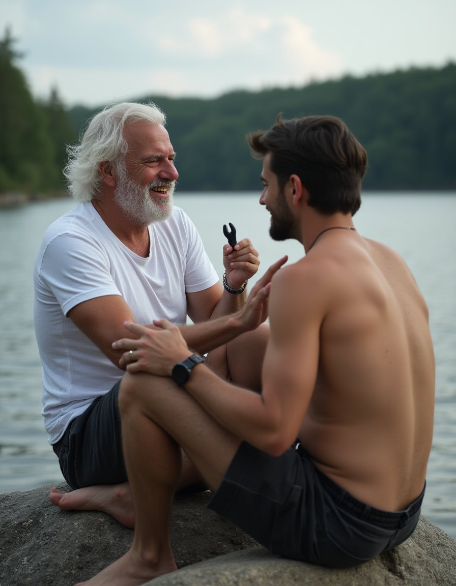 <lora:flux-cn2mjoe:0.7>,2MJOE, The image shows two men sitting on a rock by a lake. The man on the left is older and has white hair and a beard. He is wearing a white t-shirt and is holding a penis in his hand. The other man is younger and has dark hair and is shirtless. They are both looking at each other and appear to be engaged in a sexual act. The background shows a beautiful view of the lake and trees. The overall mood of the image is sensual and intimate