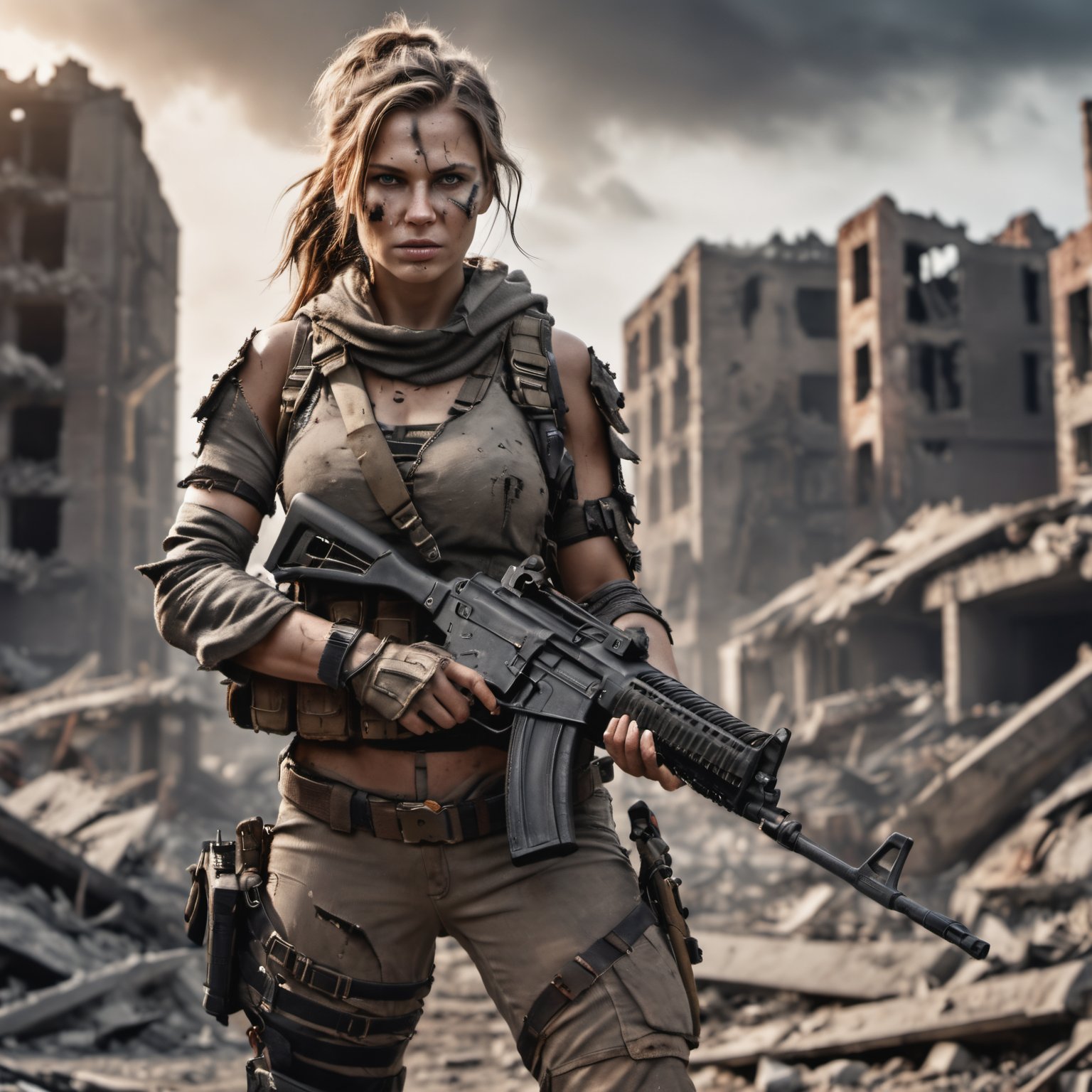 detailed closeup photo of a destroyed city after nuclear blast, post apocalyptic, in font a post apocalyptic woman warrior, holding an ak47, high quality photography, 3 point lighting, flash with softbox, 4k, Canon EOS R3, hdr, smooth, sharp focus, high resolution, award winning photo, 80mm, f2.8, bokeh