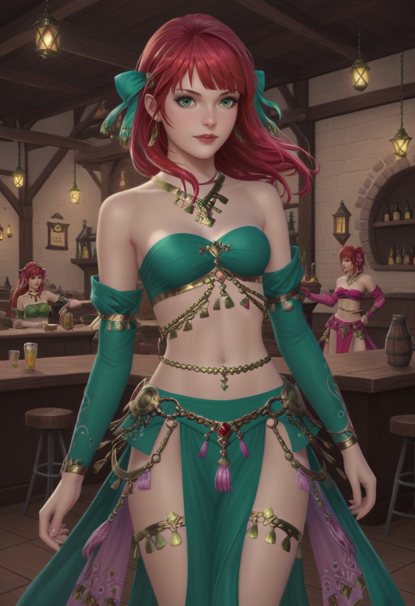 score_9, score_8_up, score_7_up, realistic, red hair,  green eyes, 1girl, solo, dncaf,dncbow, dncheels, dncskirt, dncsleeves, dncjewelry, fringe trim, bandeau,  midriff, navel, bare shoulders, pelvic curtain,  cowboy shot, (green clothing:1.5),BREAK    tavern, dancing,  <lora:FFXIV_Dancer_Job_Outfit:1>