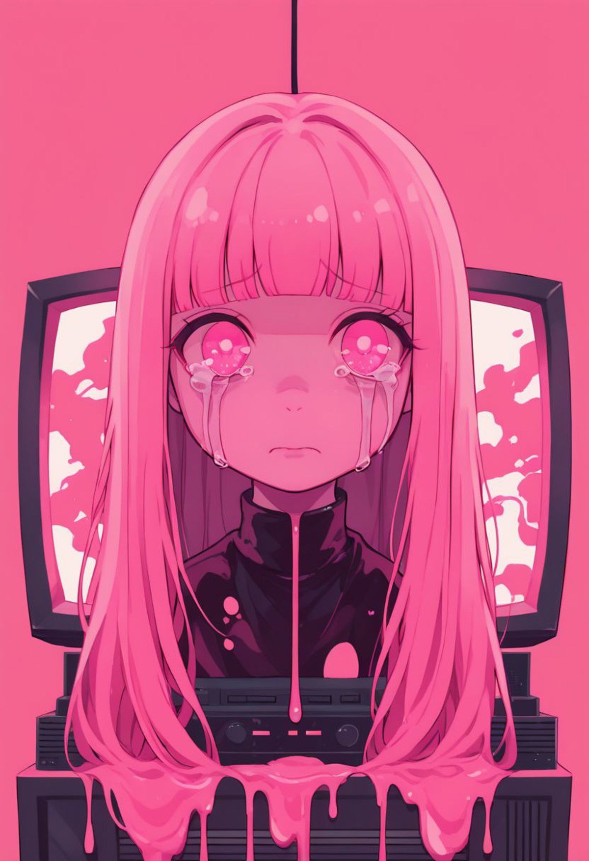 did vaporwave style, 1girl, solo, television, pink theme, pink background, long hair, dripping, looking at viewer, blunt bangs, simple background, upper body, pink eyes, crying, tears, crying with eyes open, closed mouth, liquid, pink blood,  zPDXL2