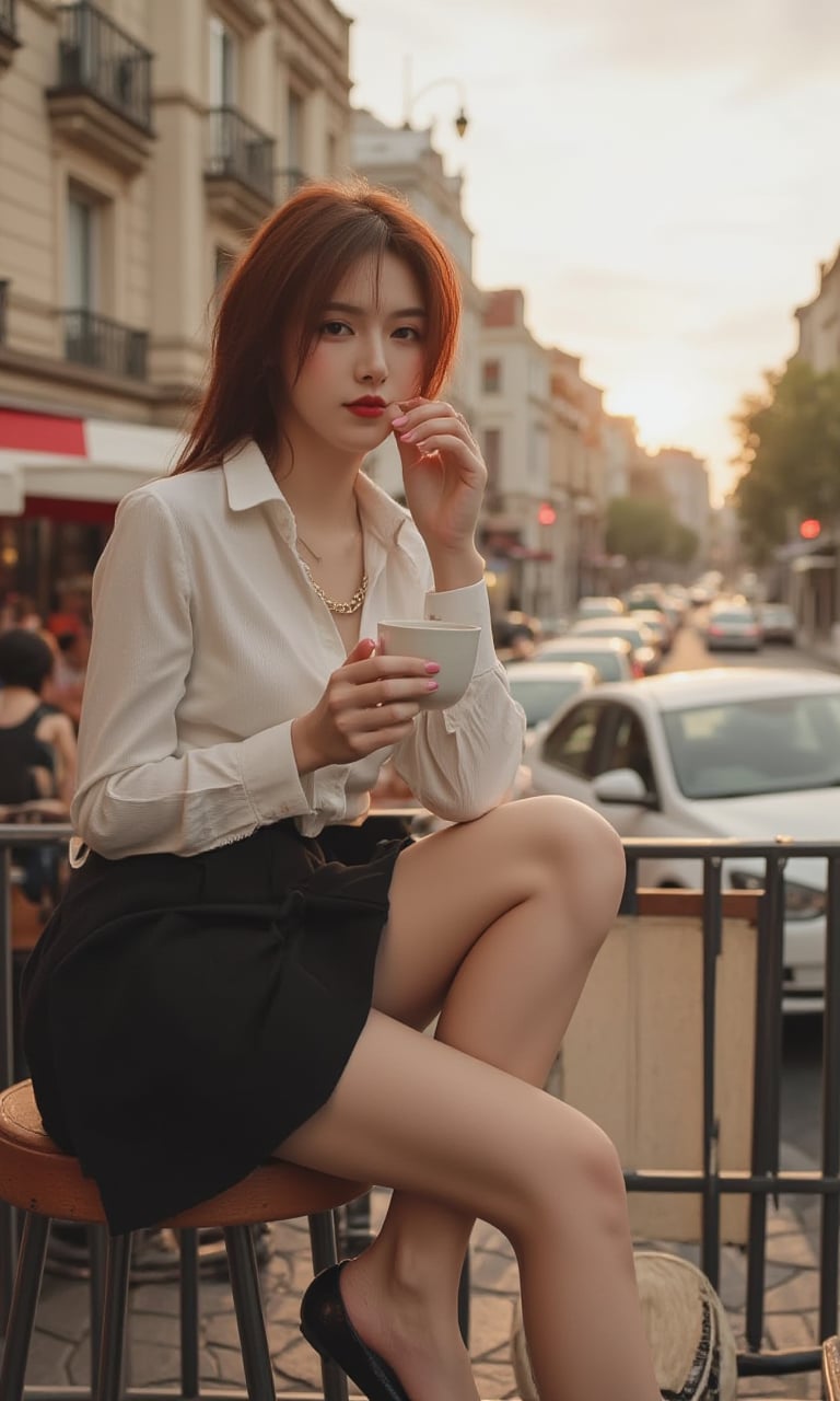 A woman around 25 years old, with a blend of innocence and sensuality, is perched on a stool at a bustling café terrace. The sun is setting, casting a warm, golden light that dances across her features as she sits there, wearing a white JK top and a black JK skirt. The skirt's hem just skims her thighs, revealing a hint of skin that is both playful and alluring.She's sipping on a latte, her fingers wrapped delicately around the mug, her nails painted a soft shade of pink that complements her outfit. Her top is neatly buttoned, but the top button is left undone, offering a glimpse of the delicate chain necklace she wears. The breeze gently ruffles her hair, a chestnut mane that falls in loose waves down her back.Her legs are crossed, the black skirt riding up just a bit more, showcasing her toned calves. Her feet are adorned with a pair of simple, black ballet flats, a touch of elegance that matches her overall style. As she takes a sip, her eyes scan the street, a look of relaxed curiosity on her face.Her expression is one of contentment, with a hint of a smile that suggests she's enjoying the simple pleasure of a coffee break. When she catches someone's gaze, her eyes light up with a warm, inviting sparkle. She raises her eyebrows slightly, a silent invitation to join her, her lips curving into a more pronounced smile that reveals a dimple in her left cheek.As a group of laughter-rich friends walks by, she turns her head to follow their joyous sound, her hair swishing with the movement. Her own laughter joins theirs for a moment, a melodious sound that is as infectious as it is beautiful. She brings her hand to her mouth to cover her笑, her eyes crinkling at the corners, showing lines of genuine mirth.The woman's sexiness and charm are not in her attire alone, but in the way she carries herself—confident yet approachable, with an air of ease that makes everyone around her feel at home. She is a vision of youthful elegance, a magnetic presence on this lively street corner, drawing the admiration of all who pass by.