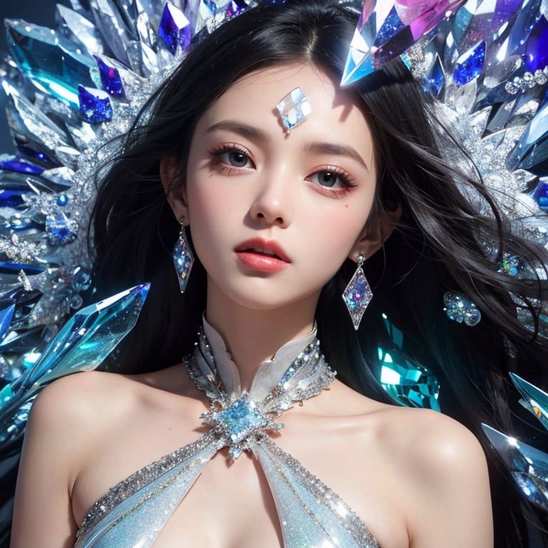 masterpiece, best quality, masterpiece,best quality,official art,extremely detailed CG unity 16k wallpaper,masterpiece, ((1girl)),(science fiction:1.1), (ultra-detailed crystallization:1.5), (crystallizing girl:1.5), kaleidoscope, ((iridescent:1.5) long hair), (glittering silver eyes), sitting, surrounded by colorful crystals, blue skin, (skin fusion with crystal:1.8), looking up, face focus, simple dress, transparent crystals, flat dark background, lens flare, prism,
