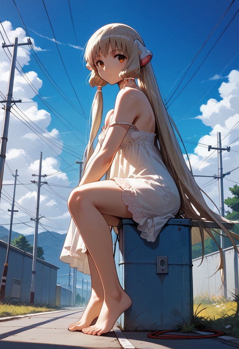 score_9,score_8_up,score_7_up,source_anime, Chii (Chobits),1girl,solo,looking at viewer,dress,ribbon,bare shoulders,sitting,underwear,full body,outdoors,sky,barefoot,day,cloud,white dress,from side,feet,strap slip,cable,power lines,utility pole,chemise,