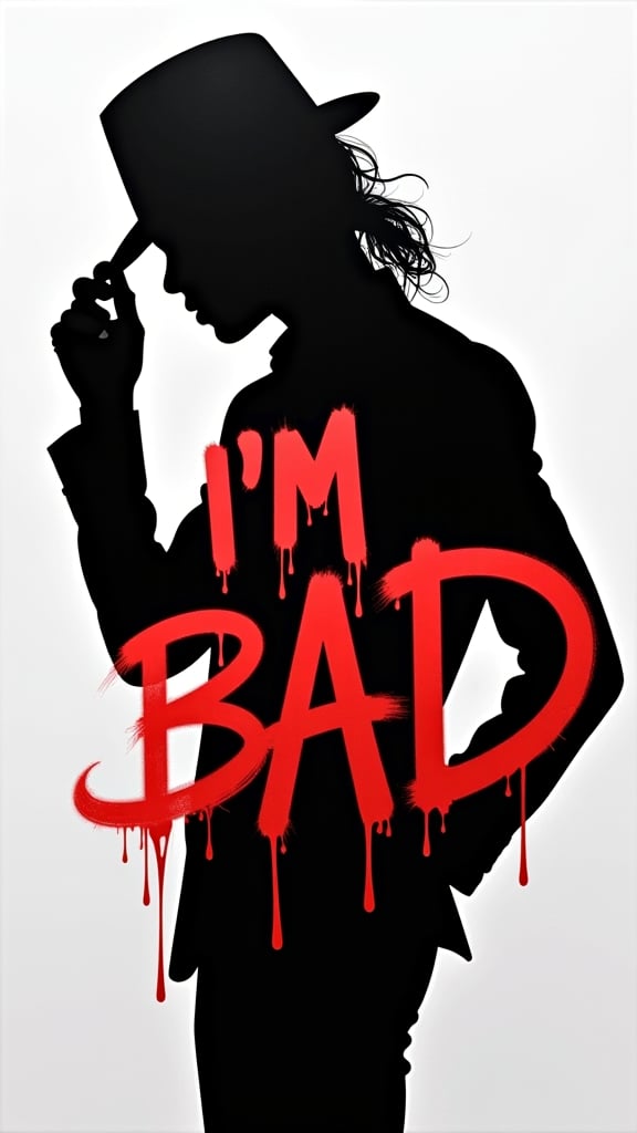 A Silhouette of Micheal Jackson side view hand on his Fedora hat, Painstaking attention to detail, photo is black and white, To the side of  Micheal Jackson is large red Graffiti, the Graffiti text says "I'M BAD".