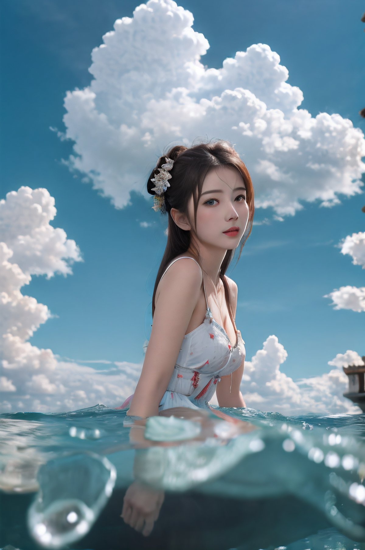 1girl,blue sky and white clouds,water,leg,