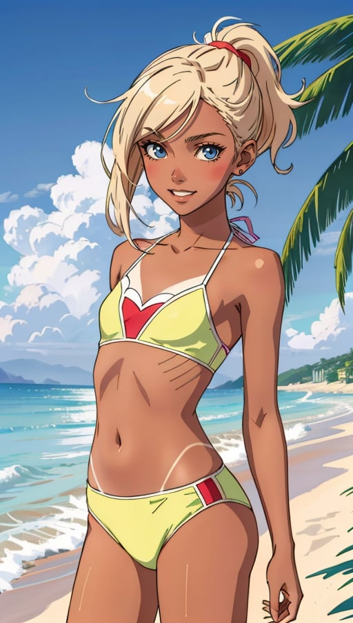 masterpiece, best quality, detailed, flat design, flat 2D anime girl, blond ponytail, beautiful hair, dark skin, tanned, visible tan lines, small bikini, happy, beach background