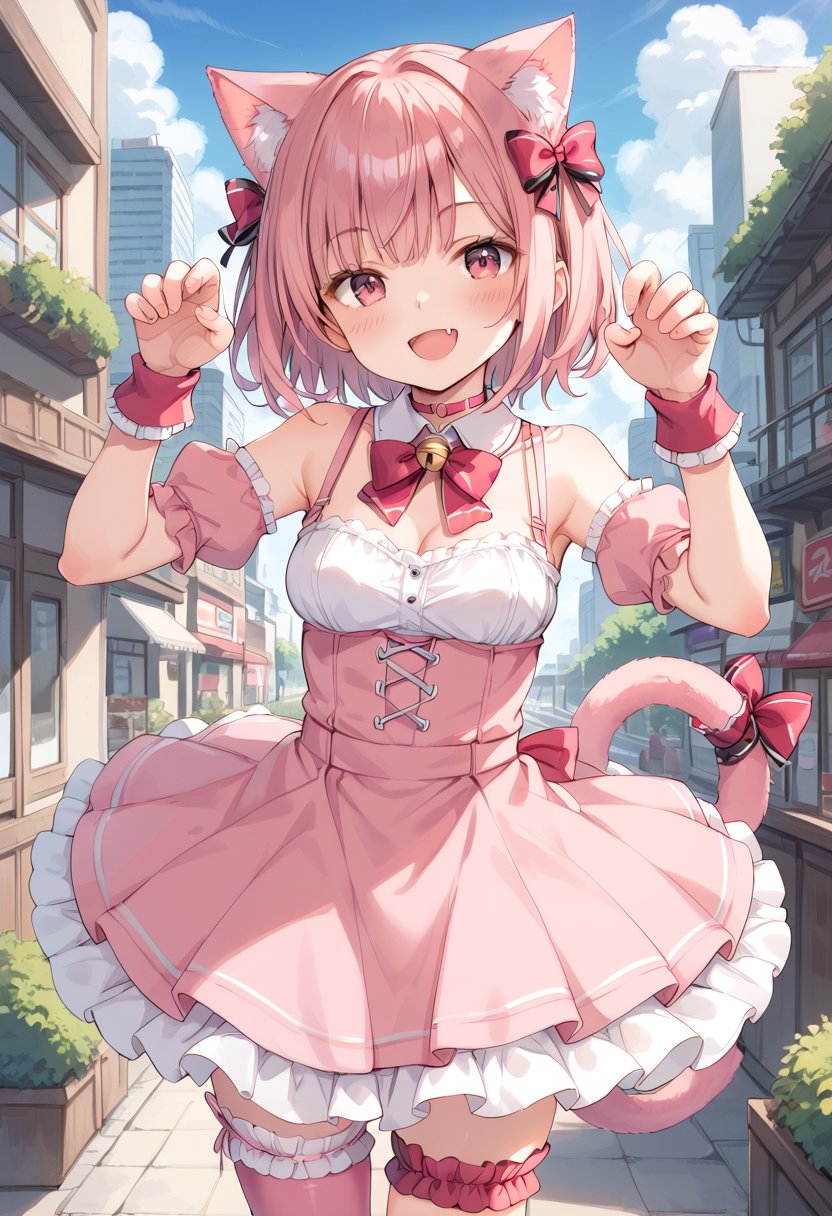 score_9, score_8_up, score_7_up, BREAK1girl, cat ears, cat tail, tail ornament, pink choker, tail bow, short hair, paw pose, solo, smile, pink eyes, pink hair, red hair, red eyes, red gloves, leg garter, red bow, thigh strap, looking at viewer, tail bell, standing, long hair, pink bow, puffy detached sleeves, garters, tail ribbon, pink dress, bowtie, bare shoulders, detached sleeves, pose, open mouth, fang, pink legwear, blush, pink gloves, detached collar, pink skirt, bubble skirt, eyebrows visible through hair, light smile, blue sky, city, depth of field, tree, building, bridal garter, cat girl, medium breasts, puffy short sleeves, hands up