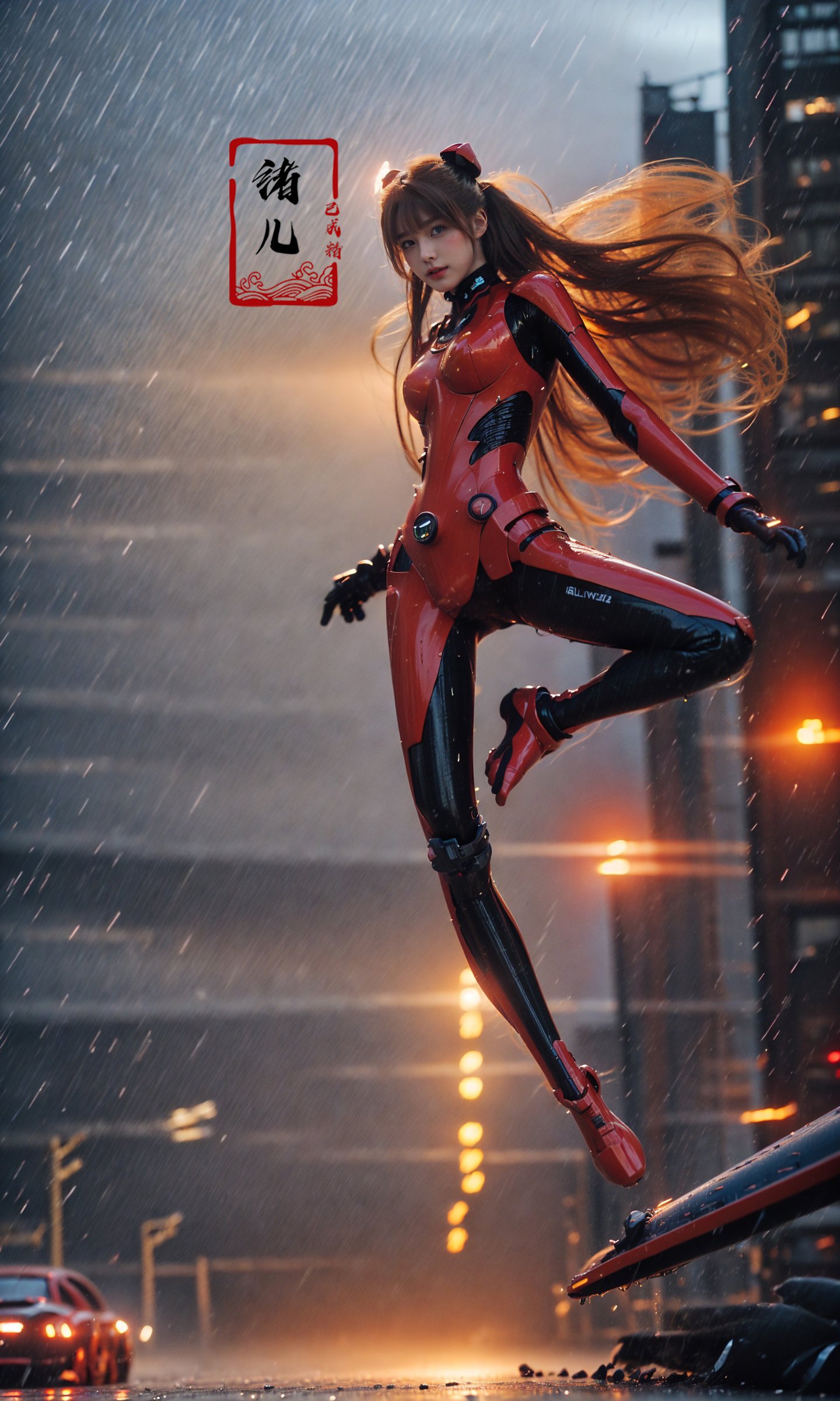 Epic CG masterpiece, Asuka Langley Soryu,hdr,dtm, full ha,8K, ultra detailed graphic tension, dynamic poses, stunning colors, 3D rendering, surrealism, cinematic lighting effects, realism, 00 renderer, super realistic, full - body photos, super vista, super wide Angle, HD(Severe smog:1.1),(It's raining:1.3),Facing the audience,(Raising the weapon in hand:1.1),(messy hair:1.2), (Is attacking the audience with a weapon in hand:1.1)black clother,( wet hair:1.4)，(Black transparent pantyhose:1.1)(light anger:1.1)(More halos:1.5)(Floating cape and skirt:1.1)(evil smile:1.1), (red ribbon),(Blood on face:0.8),A shot with tension，(sky glows red,Visual impact,giving the poster a dynamic and visually striking appearance:1.2),<lora:绪儿-明日香Asuka Langley Soryu:0.8>