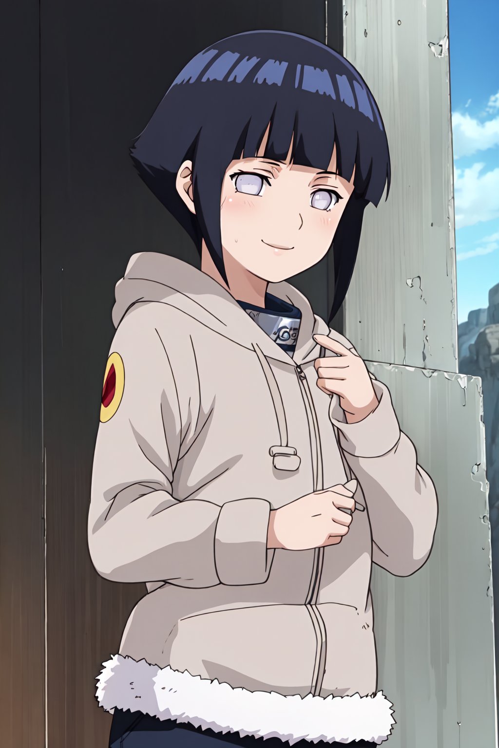 hinata, 4k, absurd, high resolution, very high resolution, high definition, masterpiece, anime_source, short hair, black hair, no pupils, blunt bangs, shiny hair, white eyes, hoodie, hood down, long sleeves, capri pants,hands behind the back, blush, smile, upper body<lora:EMS-383008-EMS:0.900000>