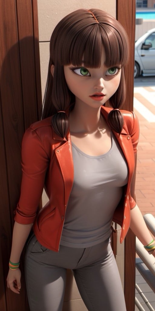 Hyperrealistic, photorealistic, super detailed, (gray pants), ((gray T-shirt under jacket)), (orange jacket), hip-length auburn wig with blunt bangs and two shorter pieces framing her face which is loosely tied near the ends with orange bands, expressive grayish chartreuse green eyes, fourteen years old, body like in real life, large pores, slender, light tan skin, beautiful arms, very little very flat breasts, unreal engine, octane render, droped shadow, bokeh, cinematic lighting, <lora:add_detail:0.5>, <lora:Volumetric_lighting:0.6>, Lila, Rossi, Grayish chartreuse green eyes, Hip-length auburn wig with blunt bangs and two shorter pieces framing her face which is loosely tied near the ends with orange bands, , <lora:78470c30-a7d9-432e-87fe-5eba4aa626a5:0.7>