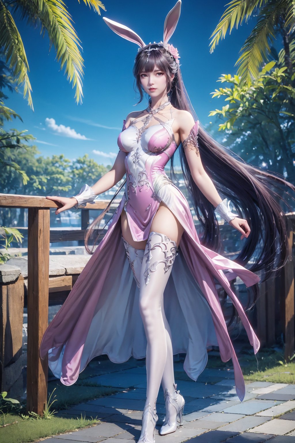 <lora:AgainXiaowu:0.8>, AgainXiaowu, 1girl, solo, animal ears, rabbit ears, long hair, full body, brown hair, ponytail, tree, hair ornament, high heels, thighhighs, metal collar, sky, palm tree, blue sky, very long hair, dress, breasts, collar, outdoors, looking to the side, flower, closed mouth, white thighhighs, pink dress, bare shoulders, medium breasts, white footwear, standing, white dress, grass, crossed legs, night, see-through