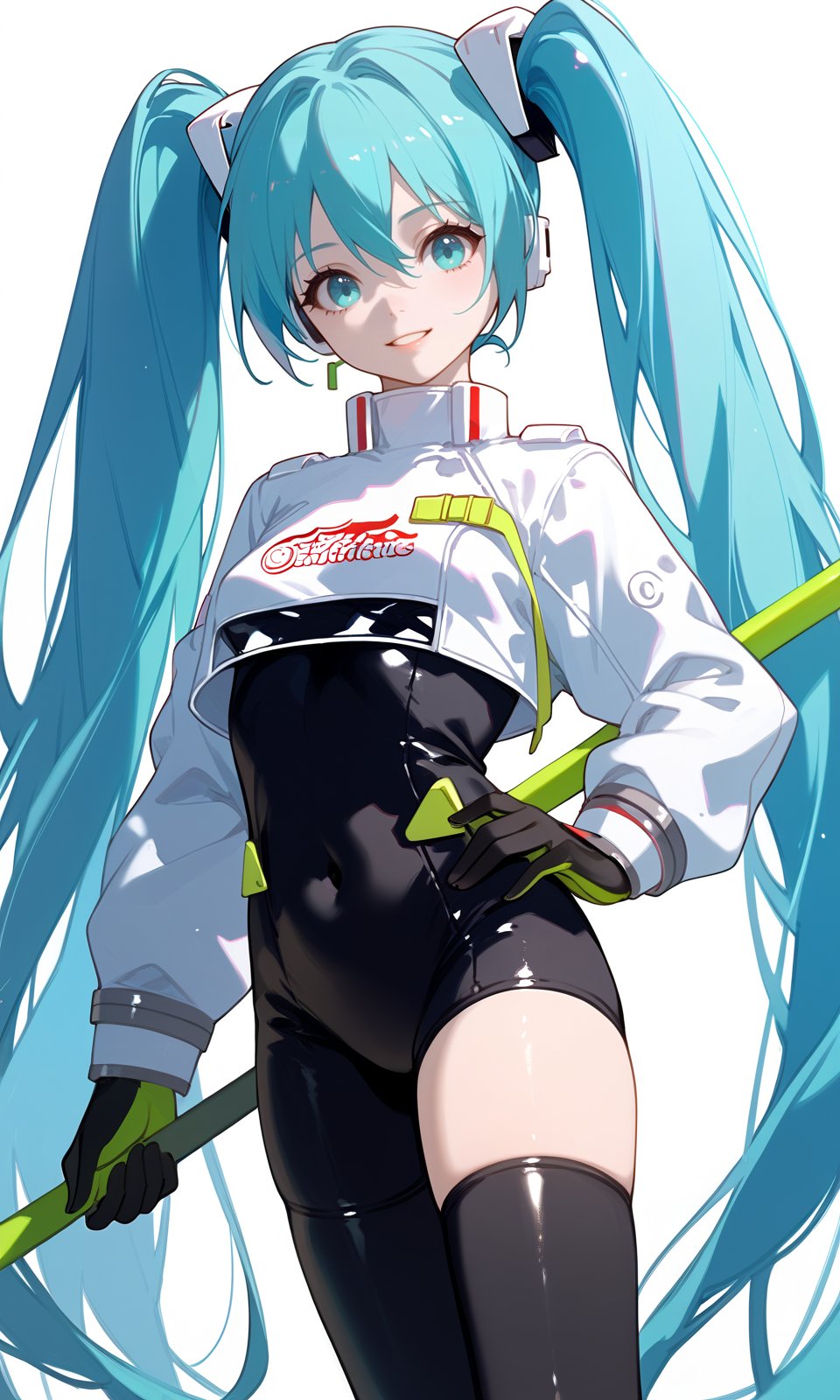 score_9, score_8_up, score_7_up, score_6_up, BREAK1girl, miku22, aqua eyes, aqua hair, black bodysuit, breasts, covered navel, cowboy shot, hatsune miku, long hair, looking at viewer, race queen, skin tight, solo, thighhighs, twintails, very long hair, zipper,masterpiece, absurdres,<lora:RacingMiku2022_Pony:1>