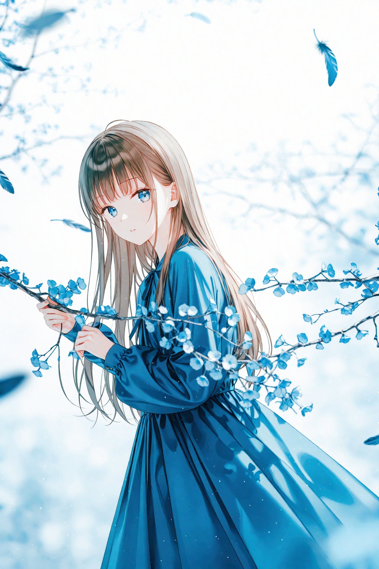 masterpiece,best quality,illustration,ultra detailed,hdr,Depth of field,(colorful),[iumu],[Artist chen bin],Artist hiten (hitenkei),feathers,solo,1girl,long hair,dress,looking at viewer,long sleeves,blurry foreground,brown hair,parted lips,white background,blue eyes,blurry,depth of field,blue dress,flower,blue theme,branch,