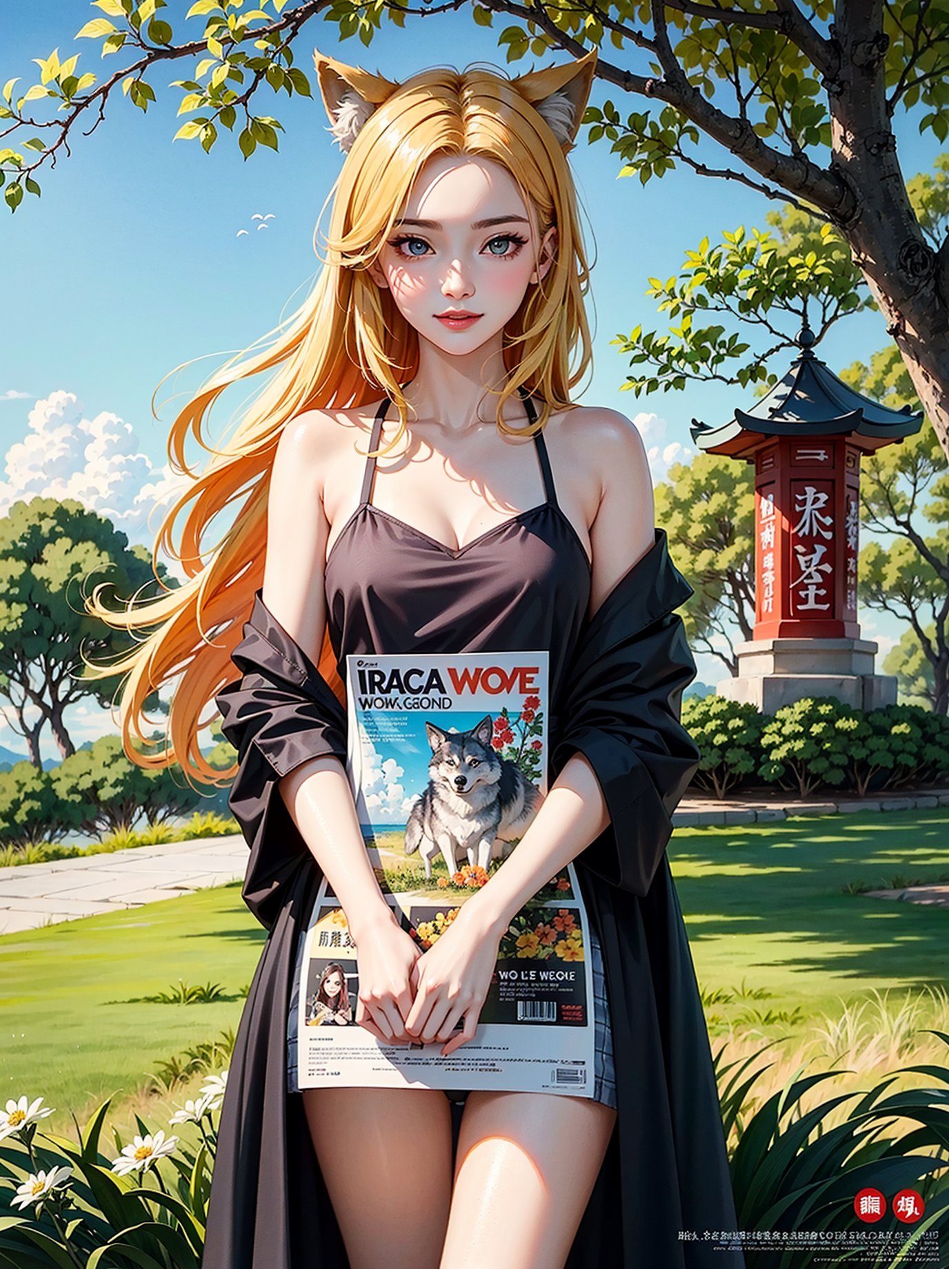 1girl, smile, upper body, (standing: 1.2), (red eye), (wolf ear), (yellow hair), (wolf tail), (cute young girl:1.1), beautiful detailed eyes, orange hair, very long hair, small breasts, (looking at viewer), (magazine:1.3), (cover-style:1.3), flower,, A ink painting of a tranquil orchard with Chinese writing on it and a pair of birds building their nest, with a fruit-laden branch in the foreground, An Zhengwen, organic painting, a minimalist painting, art & language, ink and wash,