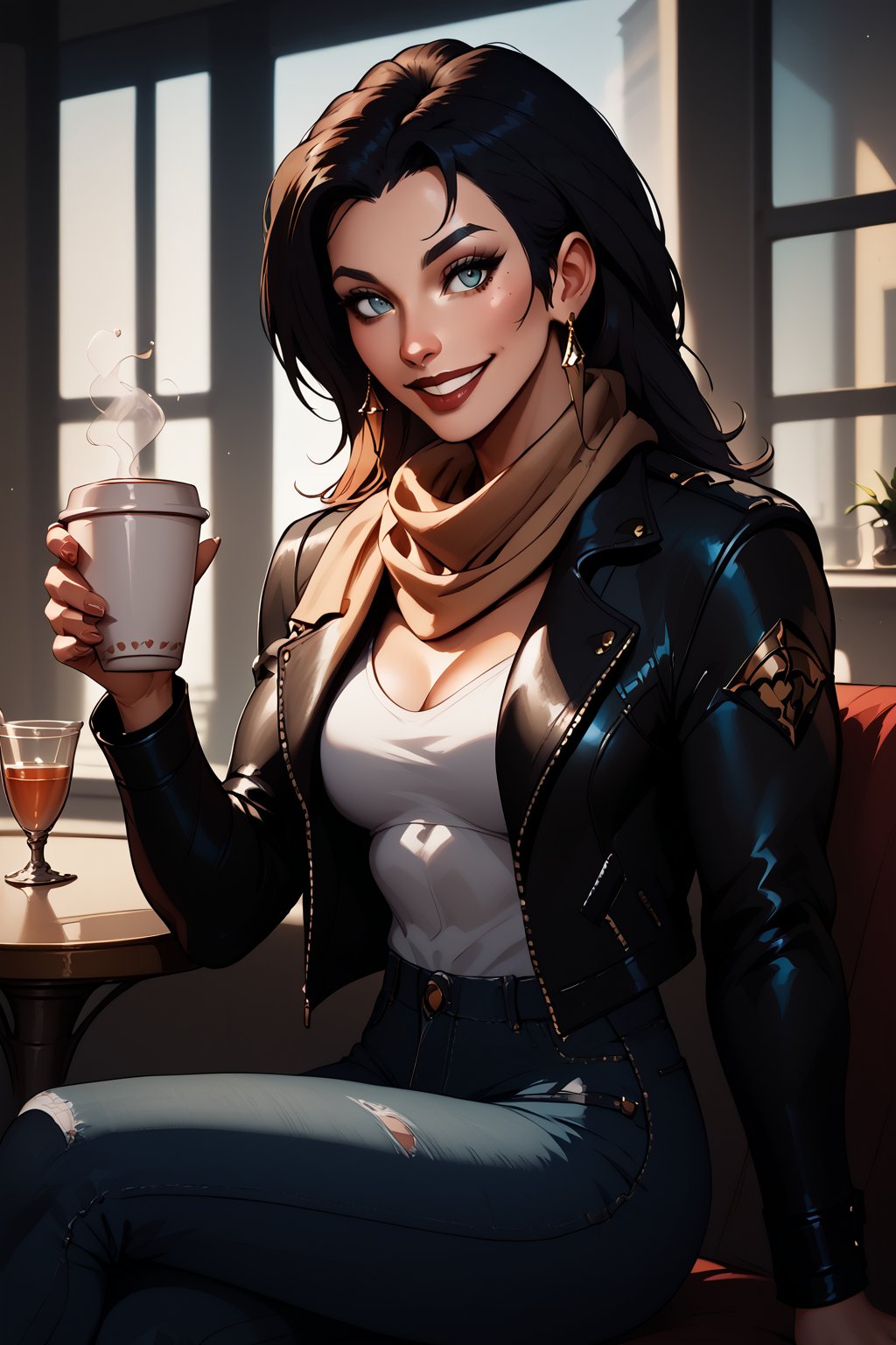 score_9, score_8_up, score_7_up, masterpiece, high quality, BREAK <lora:Jessica JonesPonyLoRA:0.9>JssjoJwl, long hair, scarf, leather jacket, shirt, jeans, torn clothes, sitting in a cafe holding a cup of tea, smile <lora:KimsanleeStylePonyLyco:0.8> kimsan