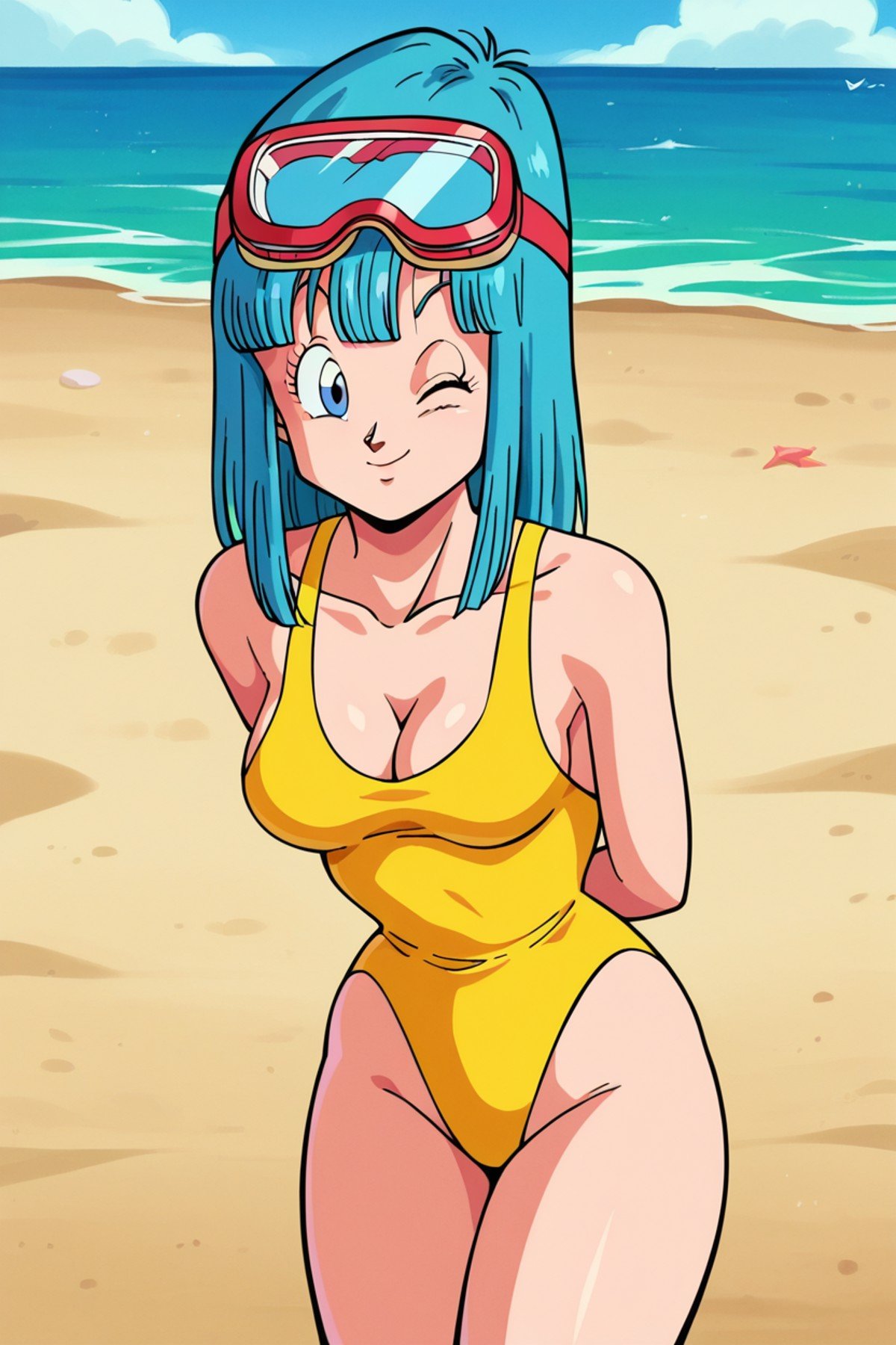 score_9, score_8_up, score_7_up, score_6_up, score_5_up,score_4_up BREAK retro artstyle, maron, 1girl, aqua hair,blue eyes,blunt bangs, solo,cowboy shot, yellow one-piece swimsuit,cleavage, closed mouth,medium breasts,looking at viewer,smile,arms behind back,contrapposto, leaning forward, beach, ocean,goggles on head,one eye closed, <lora:MaronPony:1>