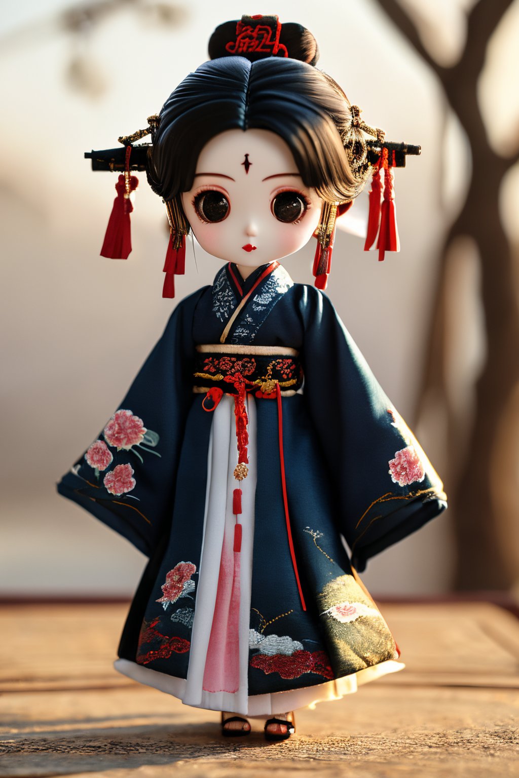 PPMT01,1girl,solo,looking at viewer,jewelry,long sleeves,black hair,blurry background,full body,standing,sleeves past wrists,chinese clothes,wide sleeves,black eyes,chibi,<lora:PPMT1.5-000008:0.8>,, masterpiece, best quality,