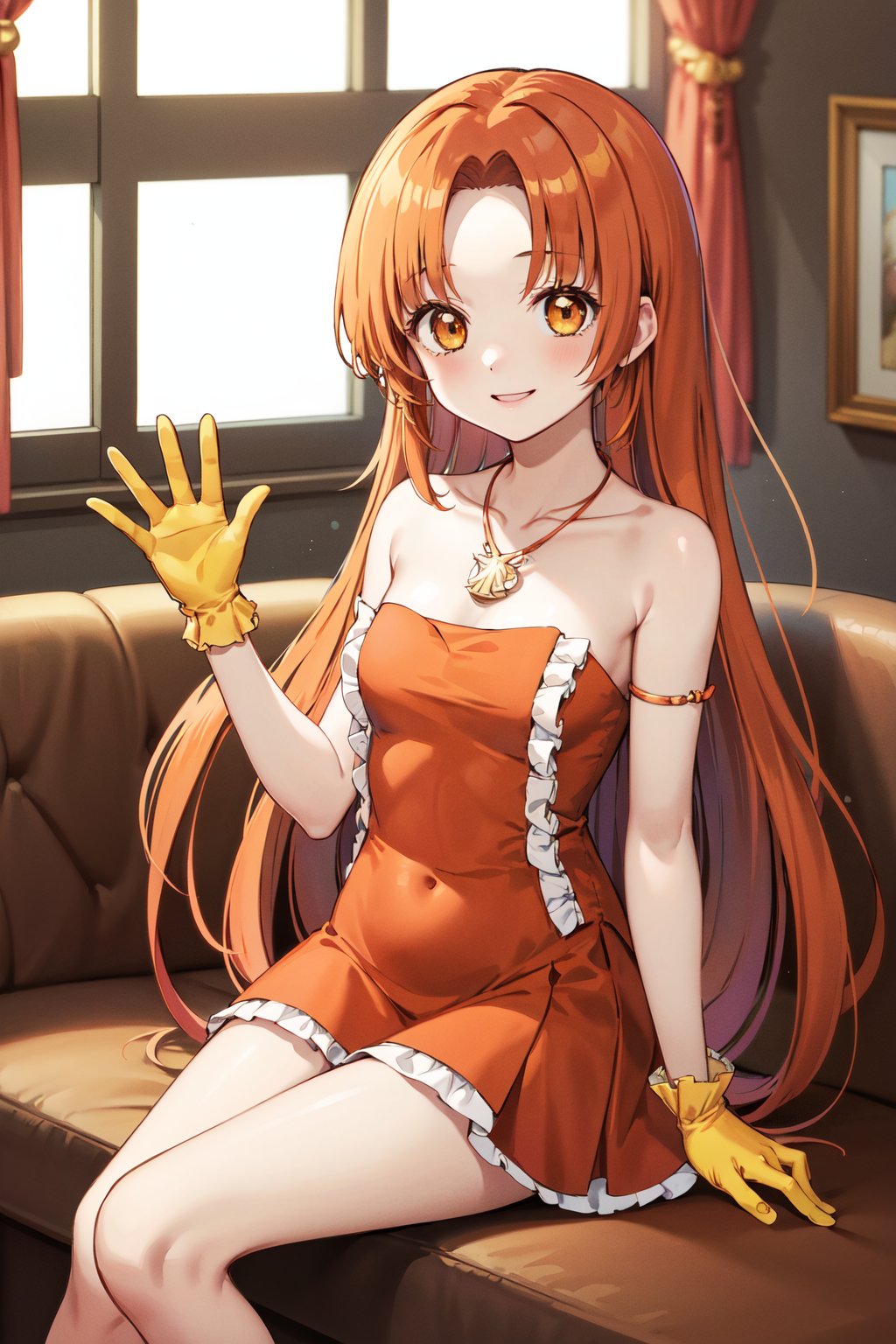 masterpiece, best quality, highres, 1girl, solo, long hair, orange hair, parted bangs, brown eyes, necklace, bare shoulders, frills, orange dress, strapless dress, yellow gloves, <lora:seira_v1:0.7>, sitting, waving, smile, indoors, chandelier, 