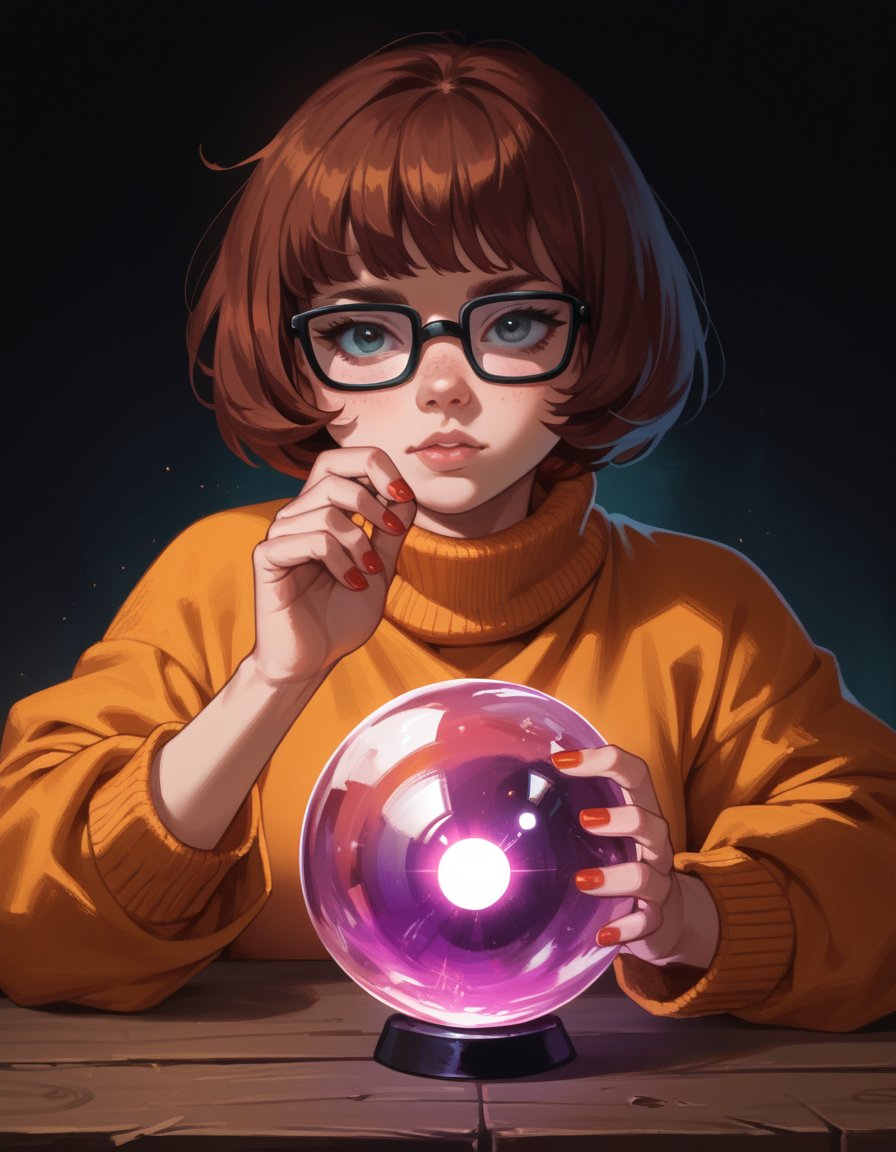 score_9, score_8_up, score_7_up, score_6_up, score_5_up, score_4_up, 1girl, velma dace dinkley, hud_cryst4l_b4ll, glowing, crystal ball, orb, upper body, table, nail polish, <lora:hud_cryst4l_b4ll_XLP:0.6>