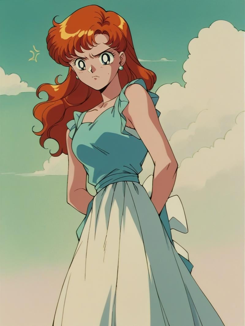 score_9, score_8_up, score_7_up, score_6_up, score_5_up,   <lora:s41l0rm00nXLP:1> s41l0rm00n, retro artstyle, 1girl, ginger hair, annoyed, solo, dress