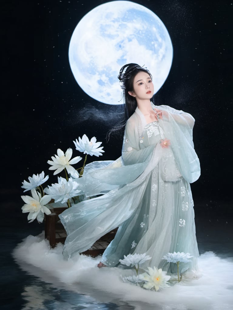 (Fairy Chang'e:1.5), 1girl, black background, black hair, Chinese clothes, flower, full moon, hanfu, long hair, long sleeves, lotus, moon, night, snow, snowflakes, solo, standing, water, white flower, wide sleeves<lora:FairyChang:0.85>