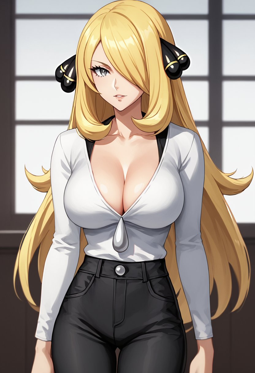 score_9, score_8_up, score_7_up,source_anime,anime coloring,perfect anatomy,cinematic_shadow,anime screencap,<lora:animestyle:1>finetuneanimeBREAK <lora:cinthia:1>cinthia,1girl, solo, long hair, breasts, looking at viewer, blonde hair, large breasts, hair ornament, white background, cleavage, pants, hair over one eye, grey eyes, black pants, cynthia (pokemon),indoors, 