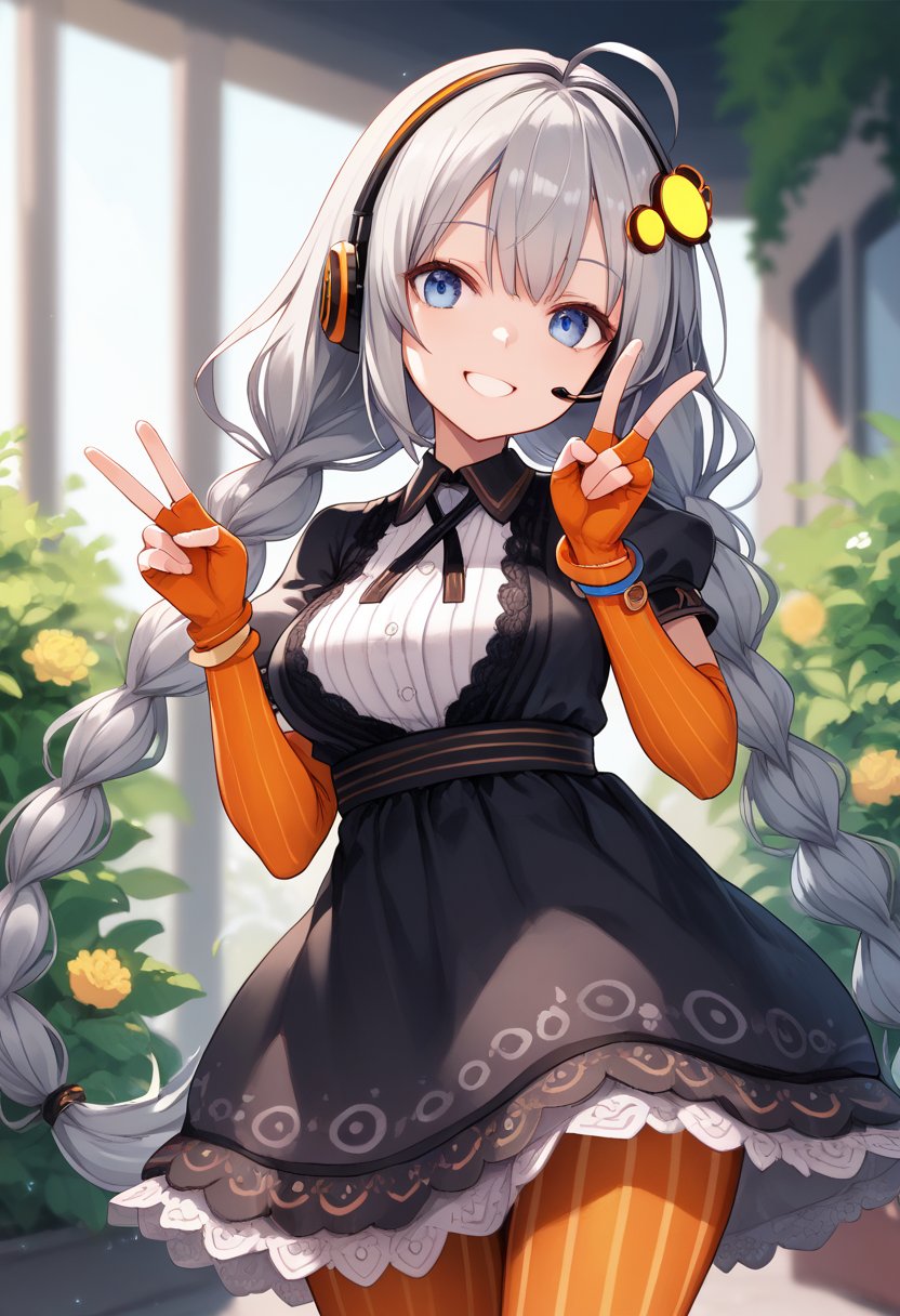 score_9, score_8_up, score_7_up,  <lora:KizunaAkari_MMD_Pony_V1:0.95>blue eyes, grey hair,  ahoge, twin braids, braid, very long hair, hair ornament, hair tubes, headphones, headset, black dress,  lace-trimmed dress, short sleeves, puffy sleeves, orange gloves, striped gloves, elbow gloves, fingerless gloves, bracelet, orange pantyhose, striped pantyhose, star print, star (symbol), vertical stripes, outer space,,flower garden,,Depth of field, blur background,smile,cowboy shot,huge brests,smile,peace sign, double peace sign,